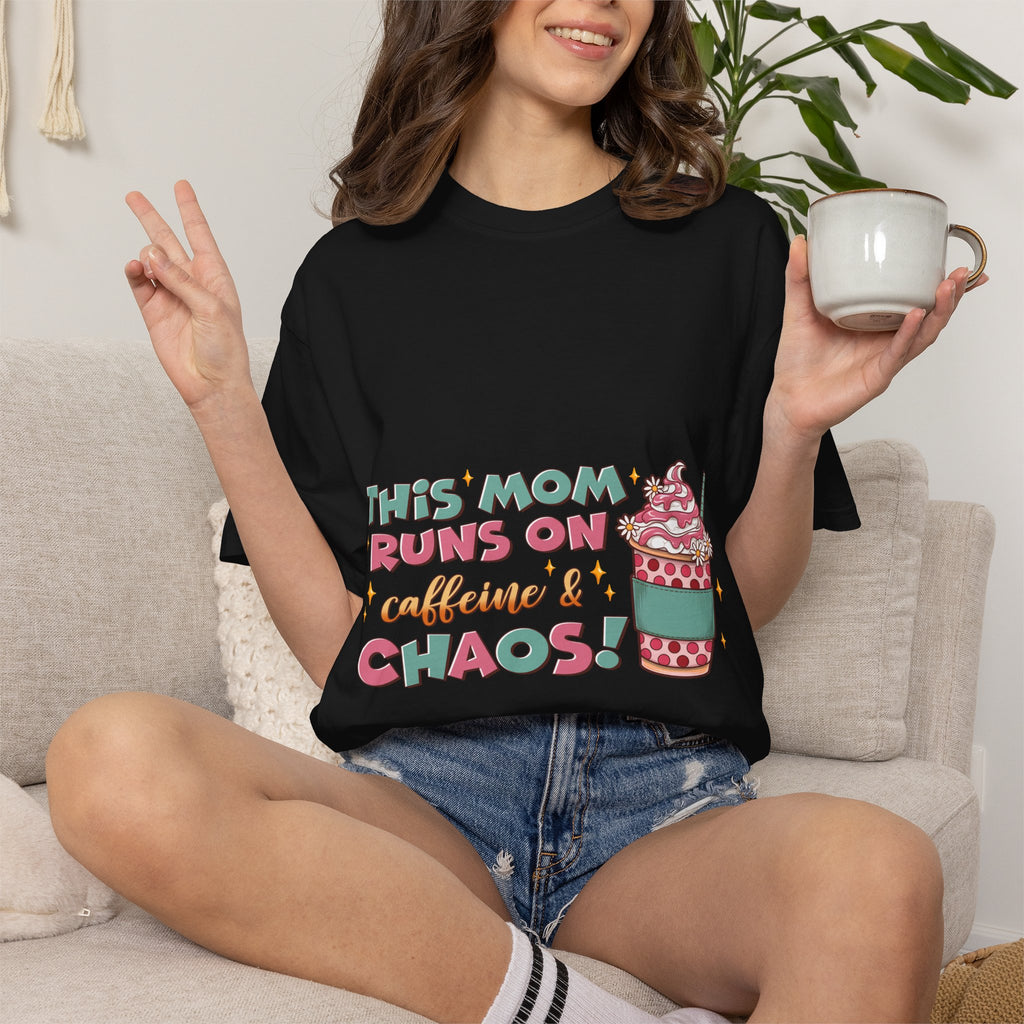Mom Coffee T-Shirt — "This Mom Runs on Caffeine & Chaos" Cute Graphic Tee