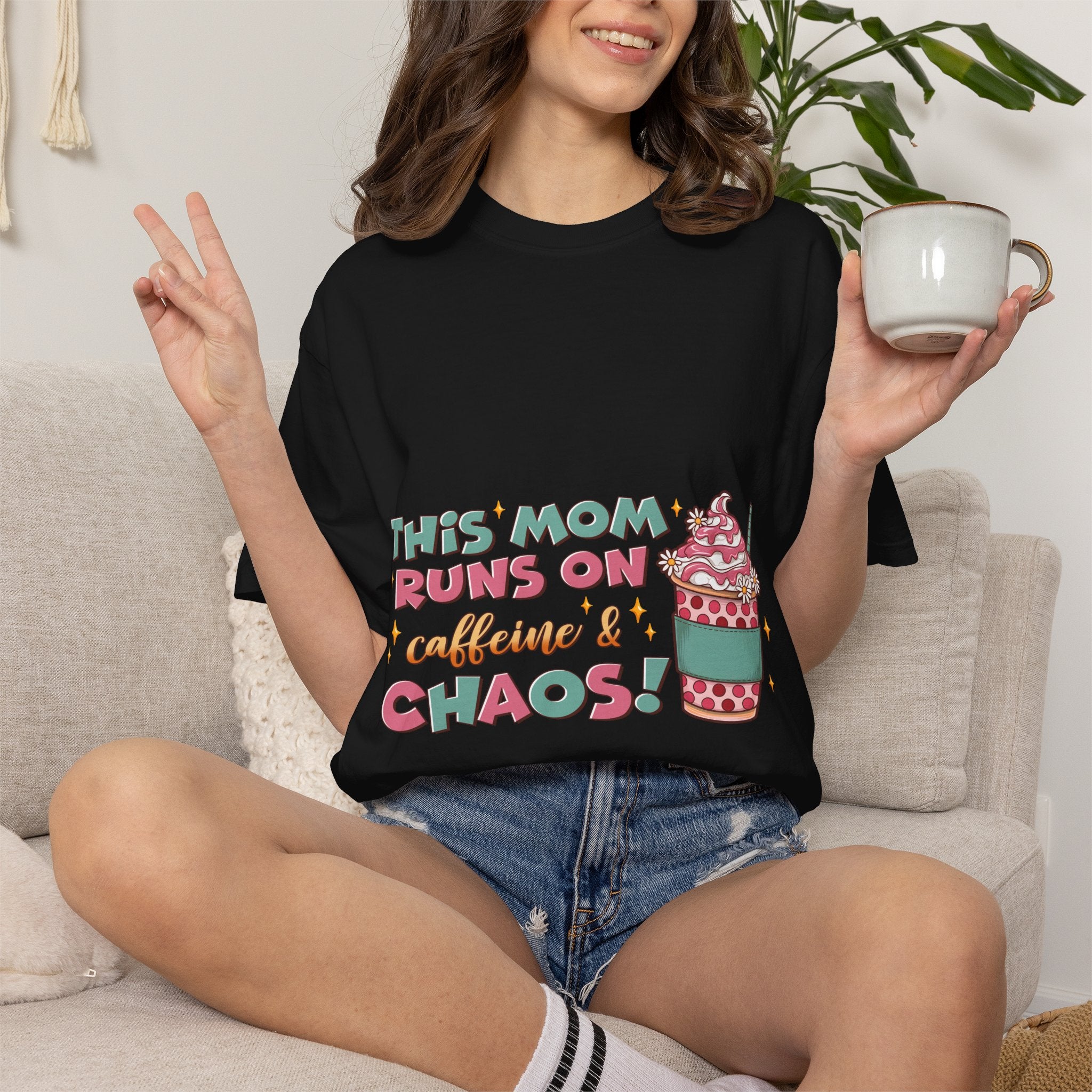 Mom Coffee T-Shirt — "This Mom Runs on Caffeine & Chaos" Cute Graphic Tee