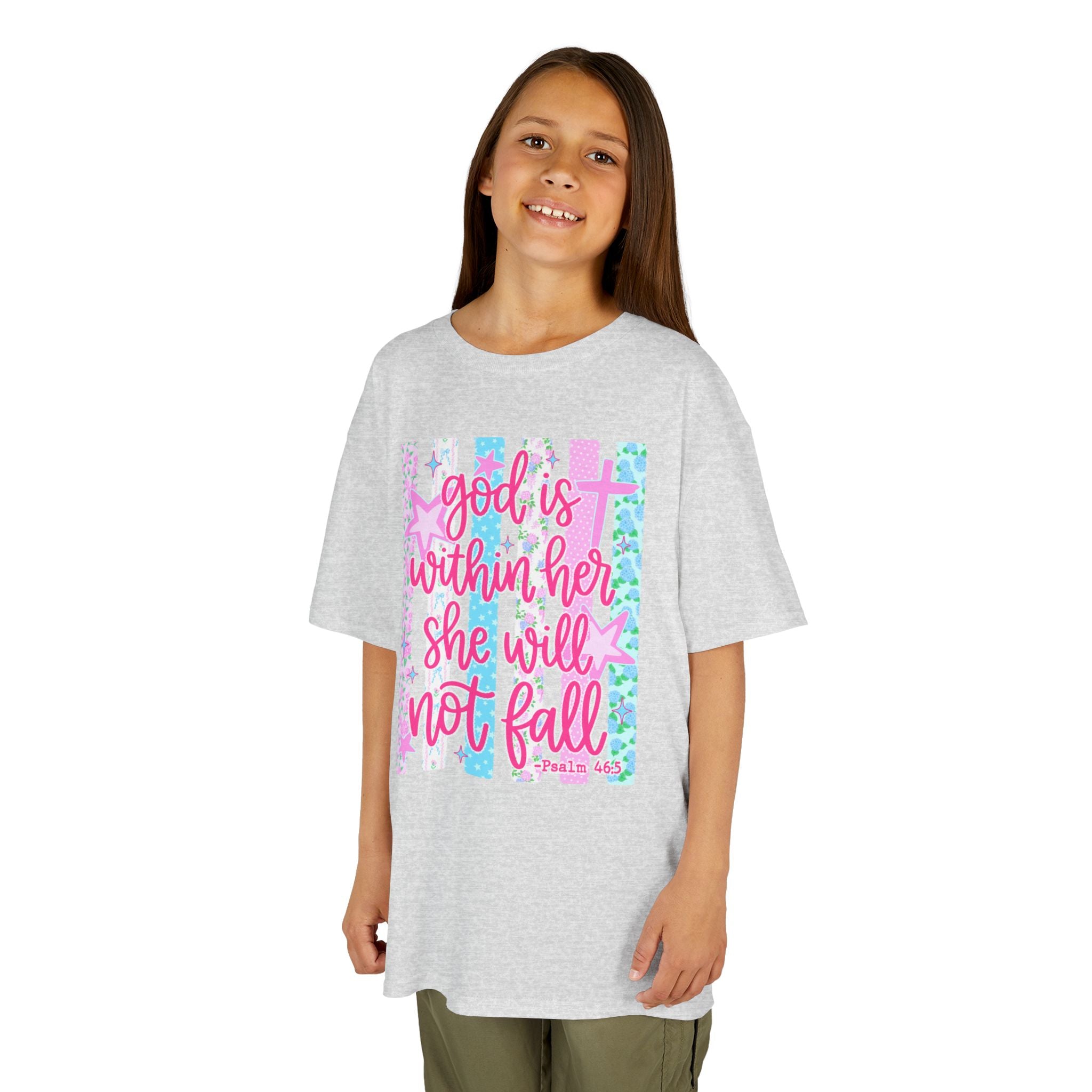 Kids Tee — "God is Within Her She Will Not Fall" Inspirational Girls T‑Shirt (Pink & Pastel)