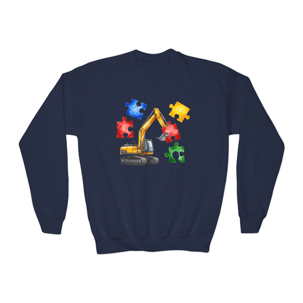 Kids Excavator Puzzle Crewneck Sweatshirt — Construction Autism Awareness