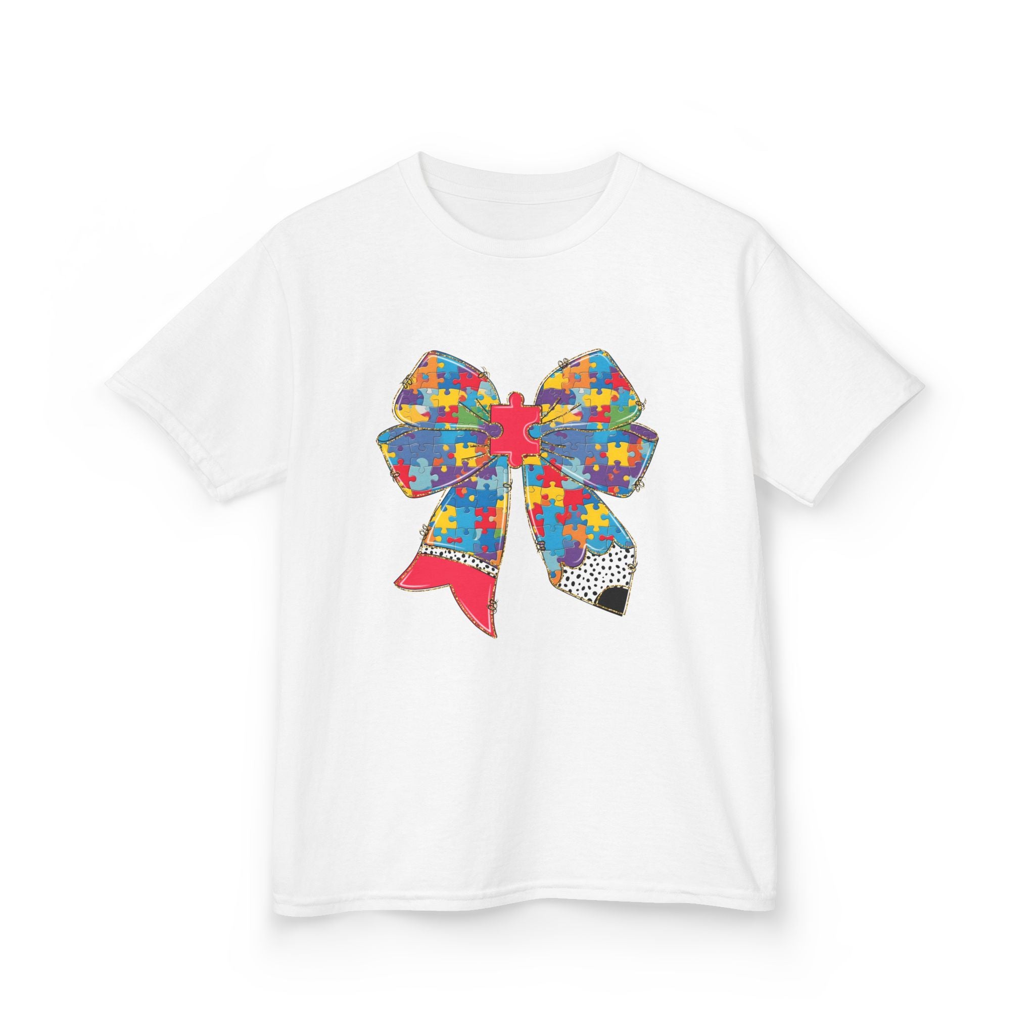 Autism Awareness Puzzle Bow Kids T‑Shirt – Autism Acceptance Gift