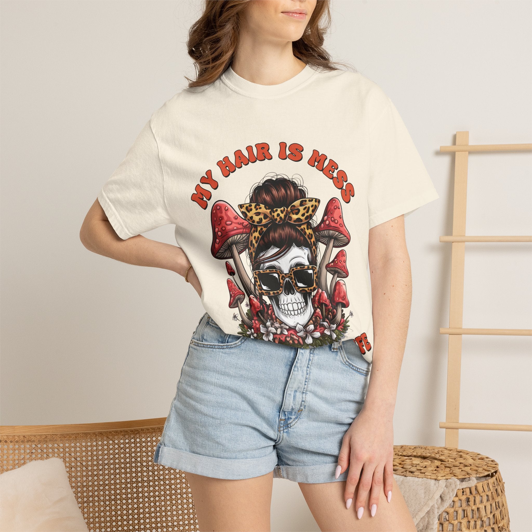 Skull & Mushrooms Graphic T-Shirt — "My Hair Is Mess To Match My Life"