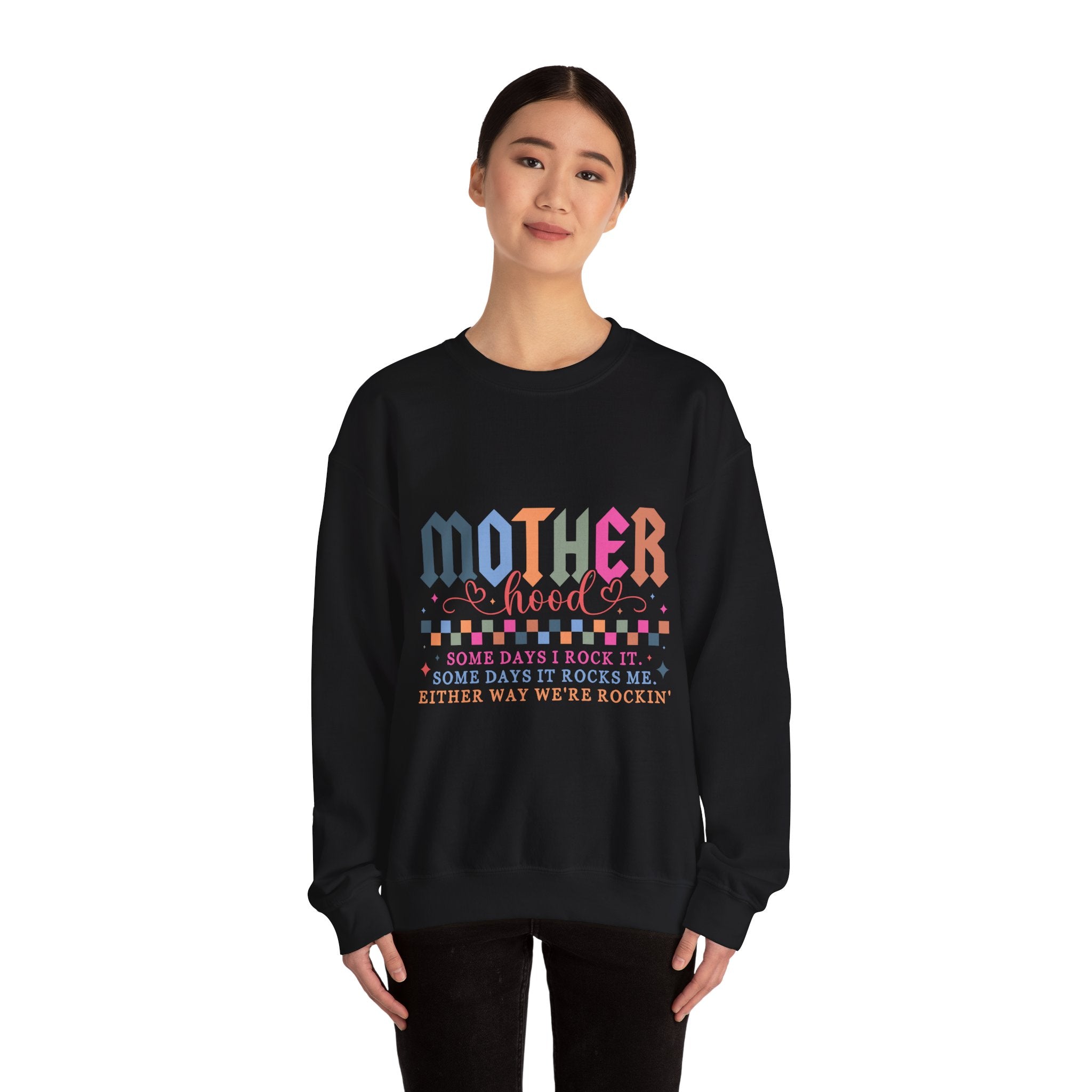 Motherhood Crewneck Sweatshirt — 'Mother Hood' Retro Colorful Mom Pullover