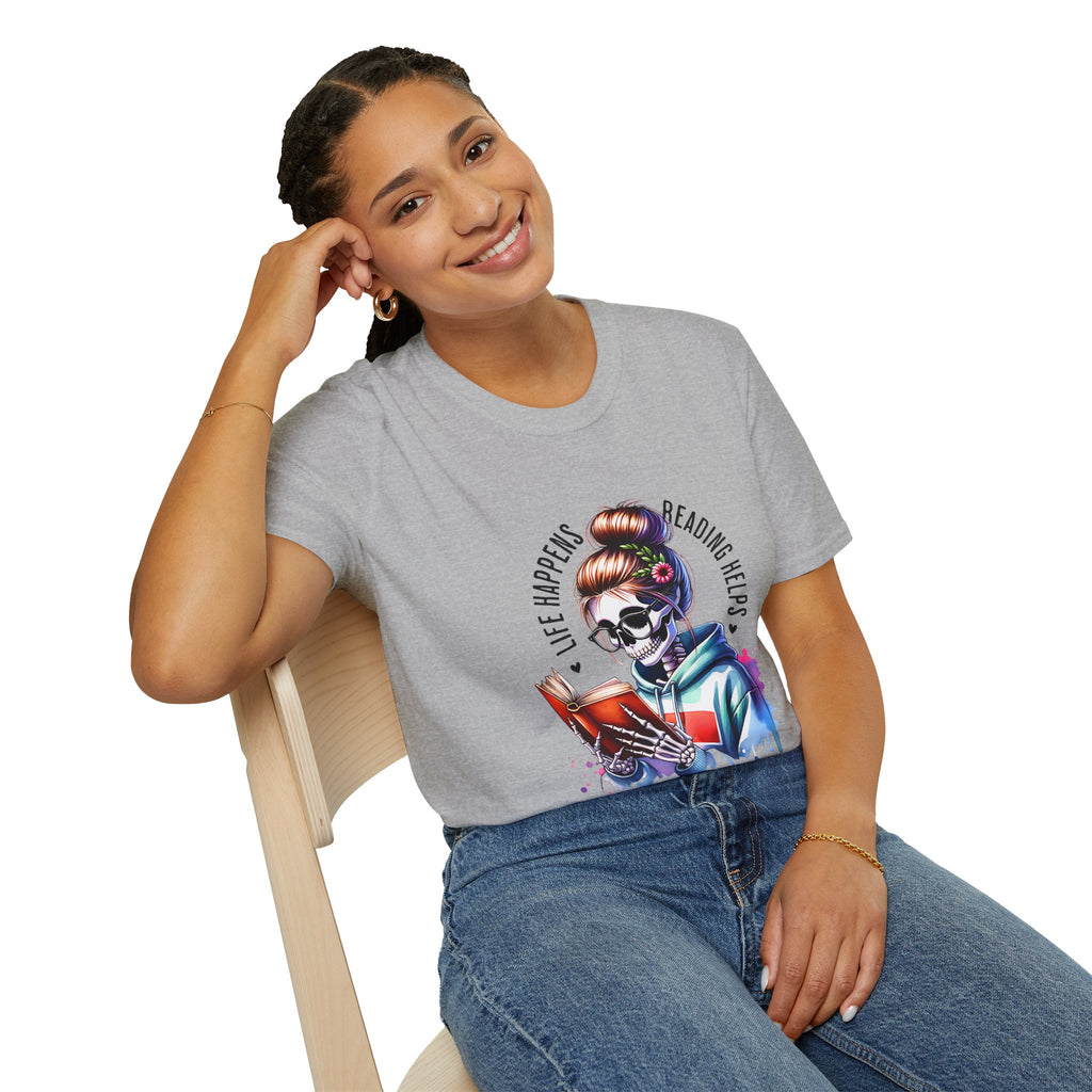 Reading Skull T-Shirt — "Life Happens, Reading Help" Gothic Booklover Tee