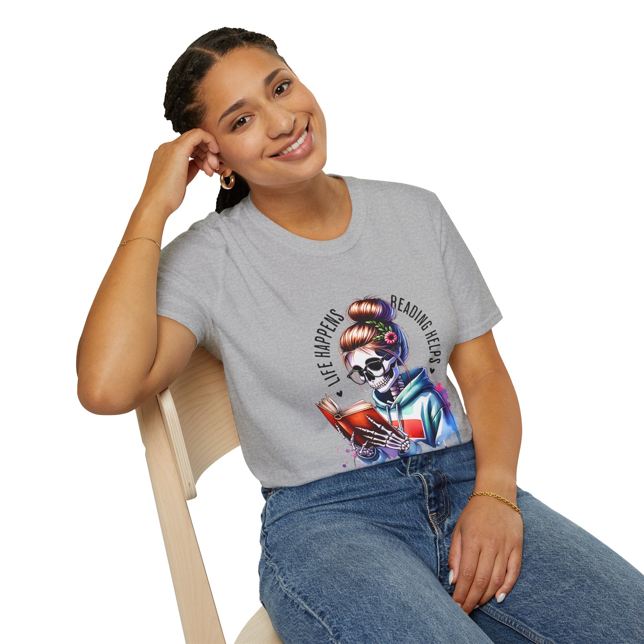 Reading Skull T-Shirt — "Life Happens, Reading Help" Gothic Booklover Tee
