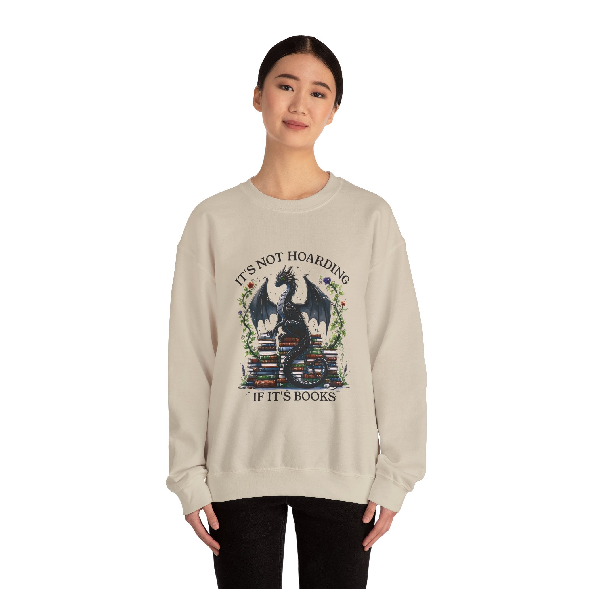 Book Dragon Crewneck Sweatshirt — "It's Not Hoarding If It's Books" Cozy Reader Pullover