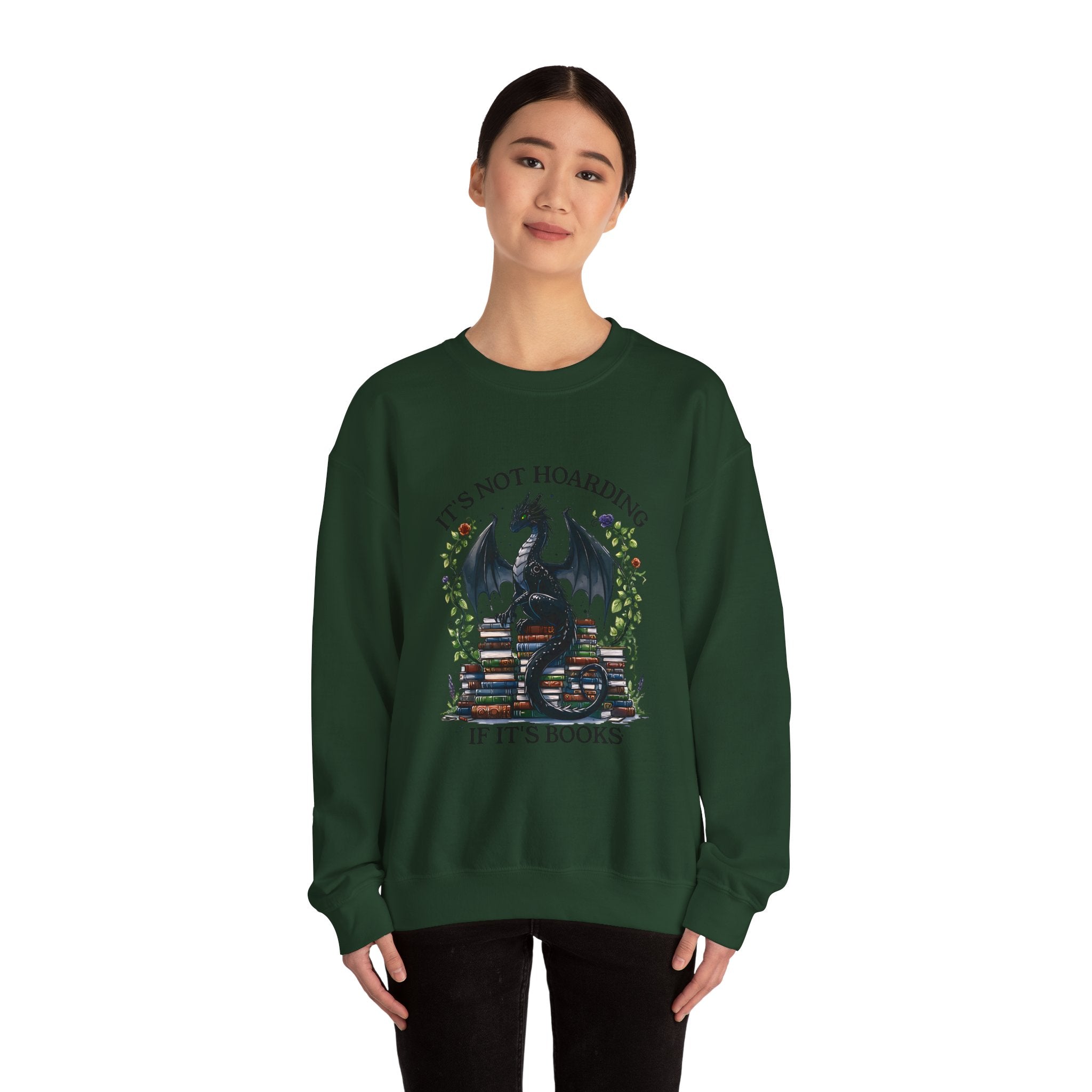 Book Dragon Crewneck Sweatshirt — "It's Not Hoarding If It's Books" Cozy Reader Pullover
