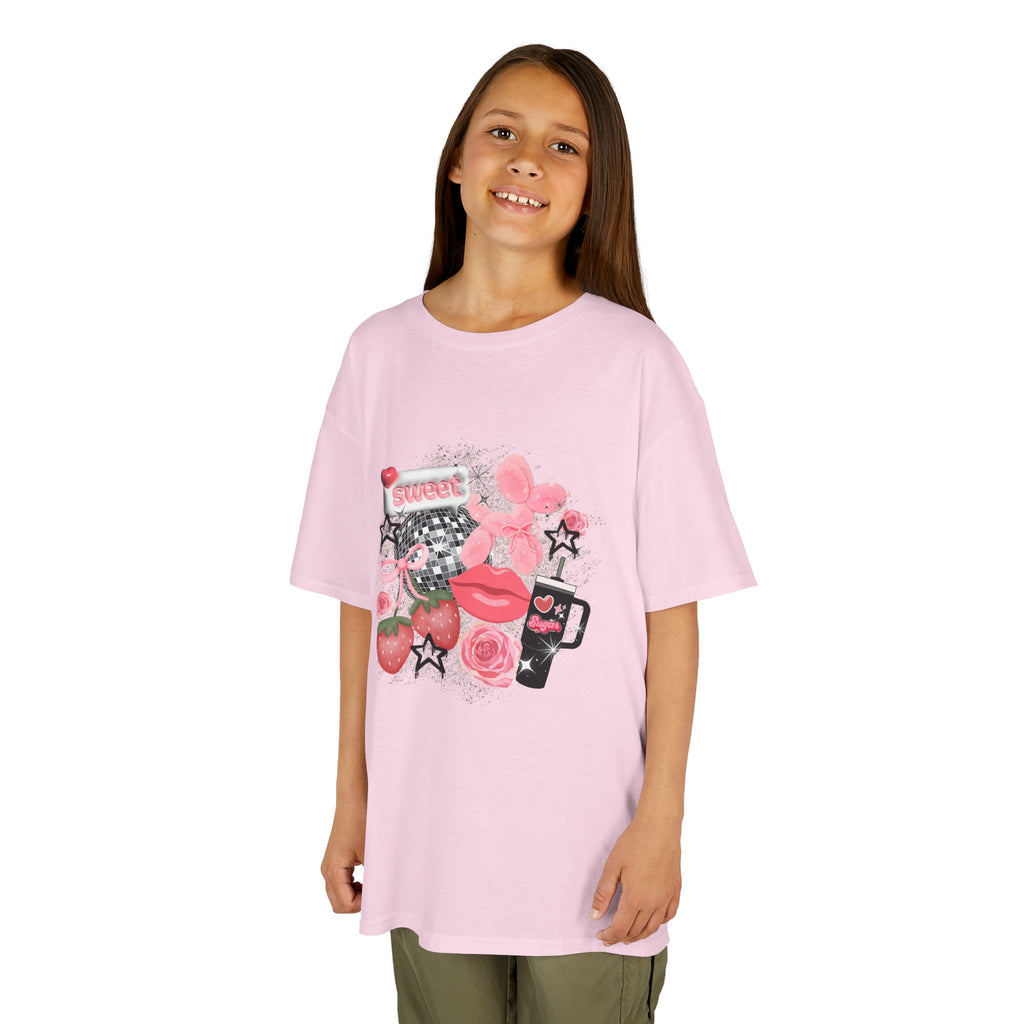 Kids Tee — Pink Floral Sticker Collage (Strawberries, Lips & Gadgets)