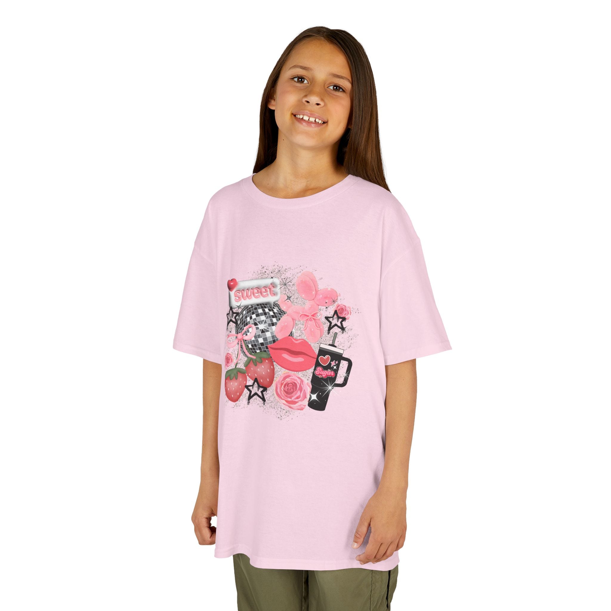 Kids Tee — Pink Floral Sticker Collage (Strawberries, Lips & Gadgets)