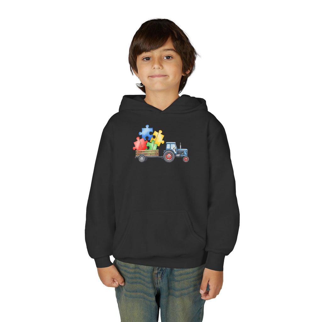 Kids Tractor Hoodie with Colorful Puzzle Pieces — Autism Awareness Youth Sweatshirt