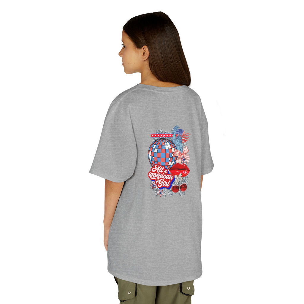Kids Tee — Patriotic Cherry Graphic "All American Girl" — 4th of July Summer Shirt