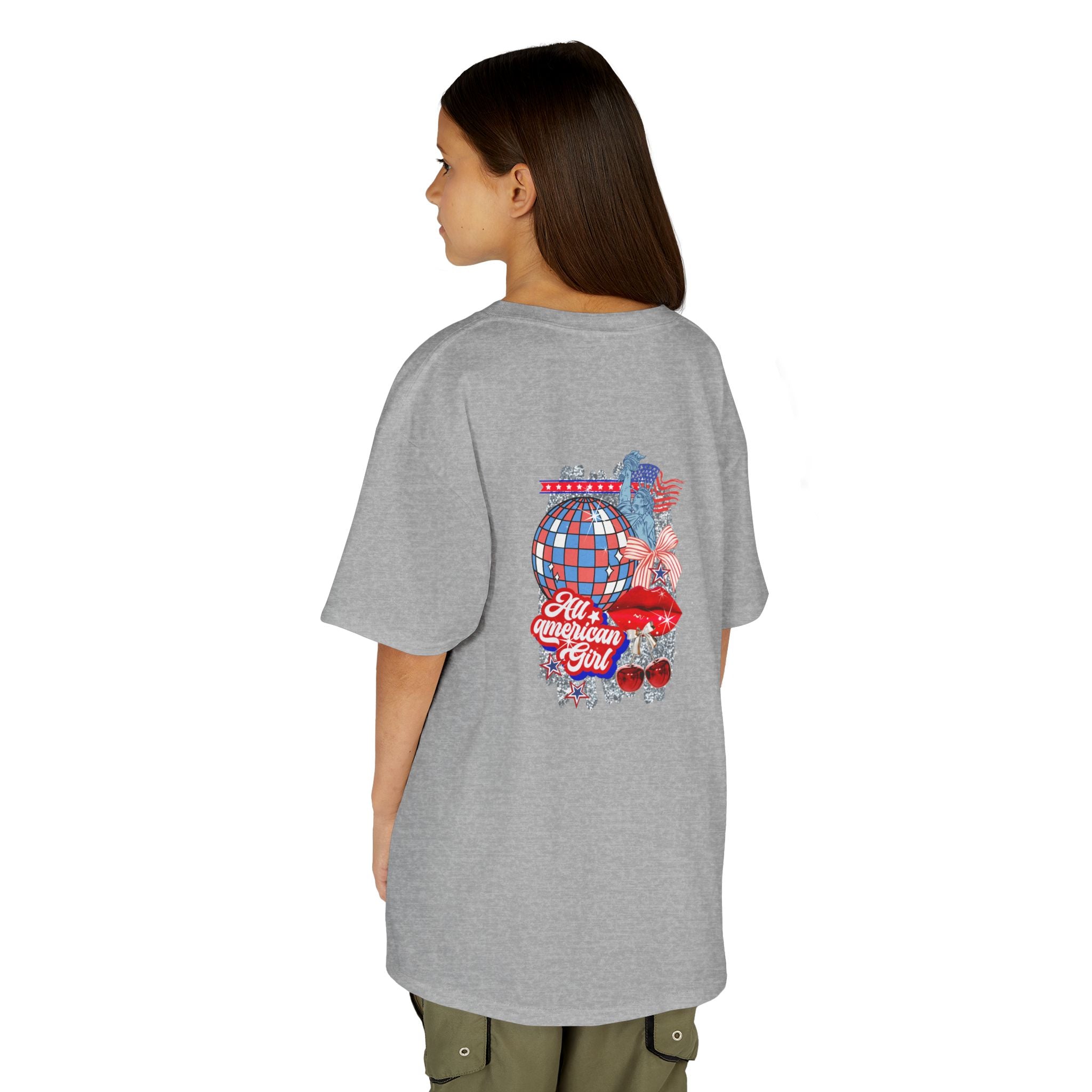 Kids Tee — Patriotic Cherry Graphic "All American Girl" — 4th of July Summer Shirt