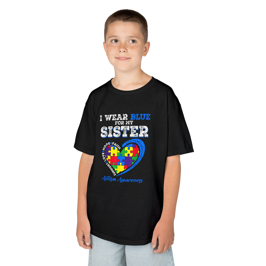 Autism Awareness Kids Tee — "I Wear Blue For My Sister" Puzzle Heart