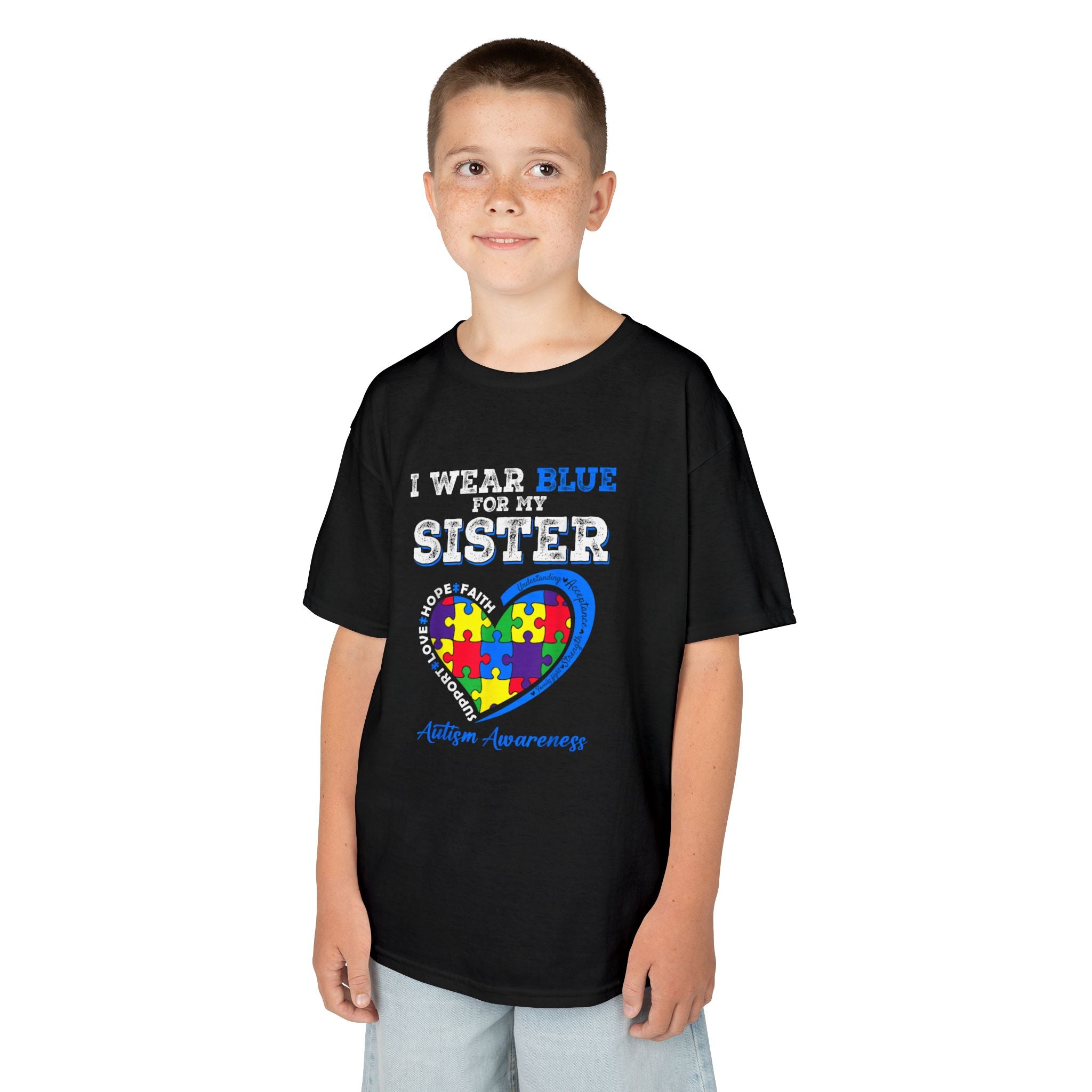 Autism Awareness Kids Tee — "I Wear Blue For My Sister" Puzzle Heart