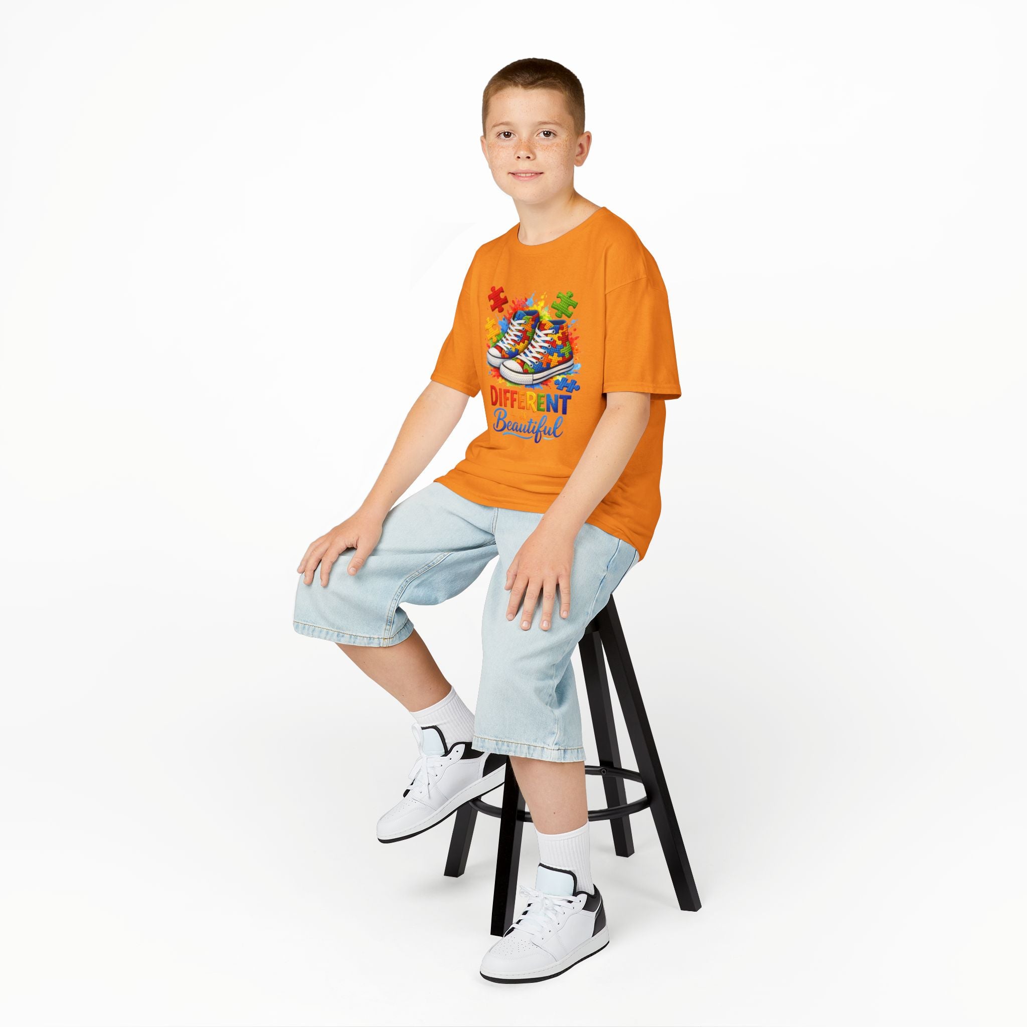 Kids T‑Shirt — 'Different Beautiful' Autism Awareness Sneakers Design