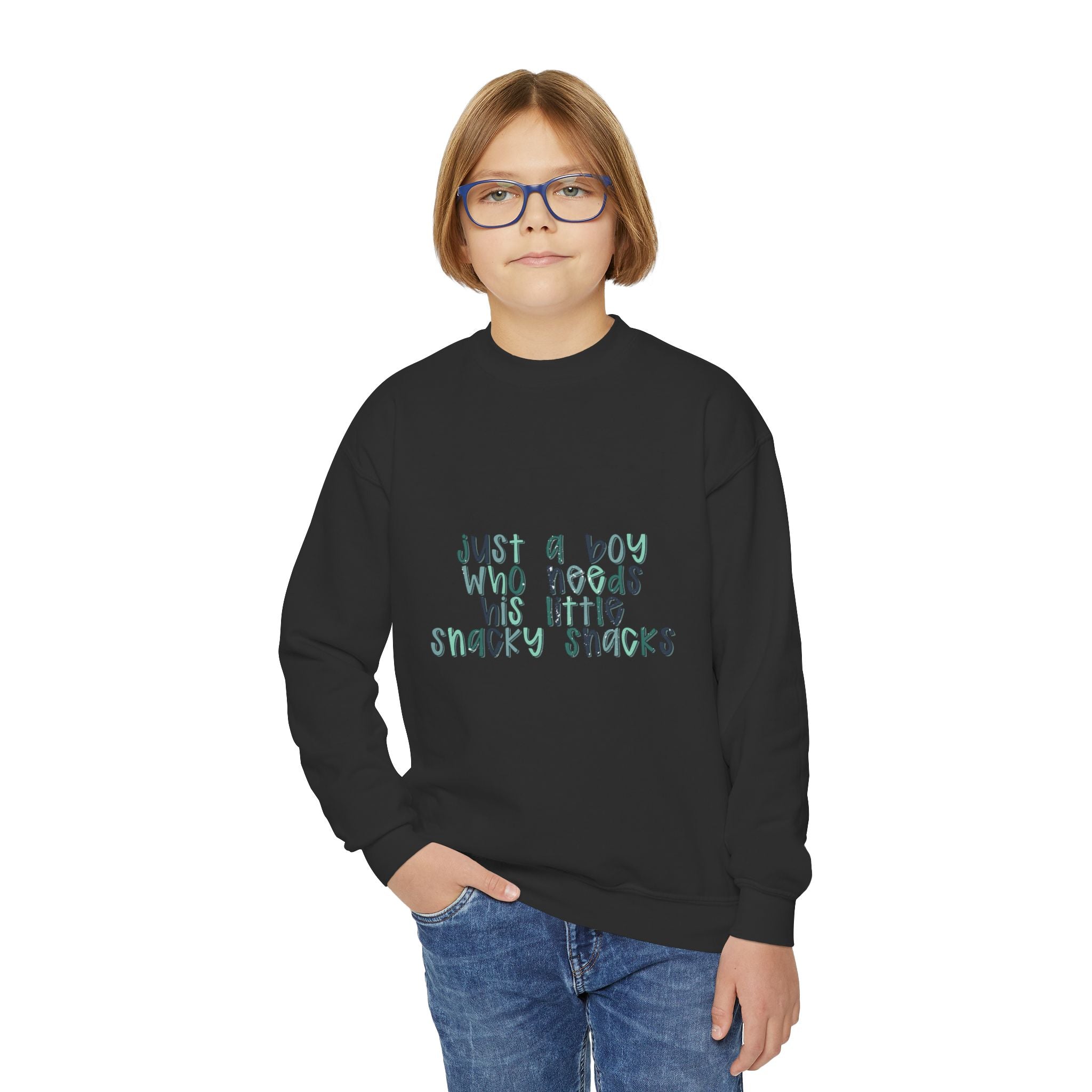 Youth Sweatshirt — "Just a Boy Who Needs His Little Snacky Snacks" Graphic