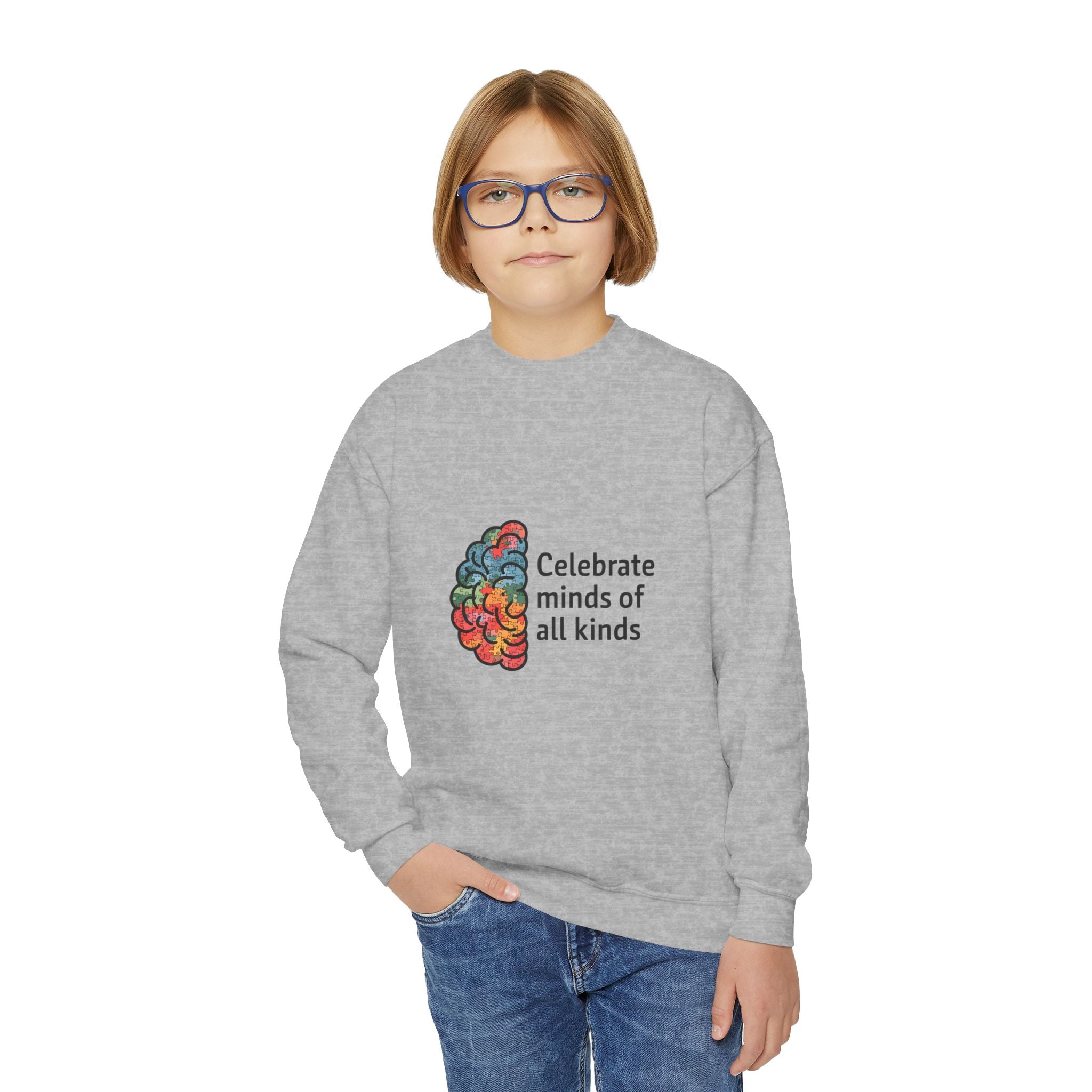 Celebrate Minds Youth Crewneck Sweatshirt — Colorful Brain Design