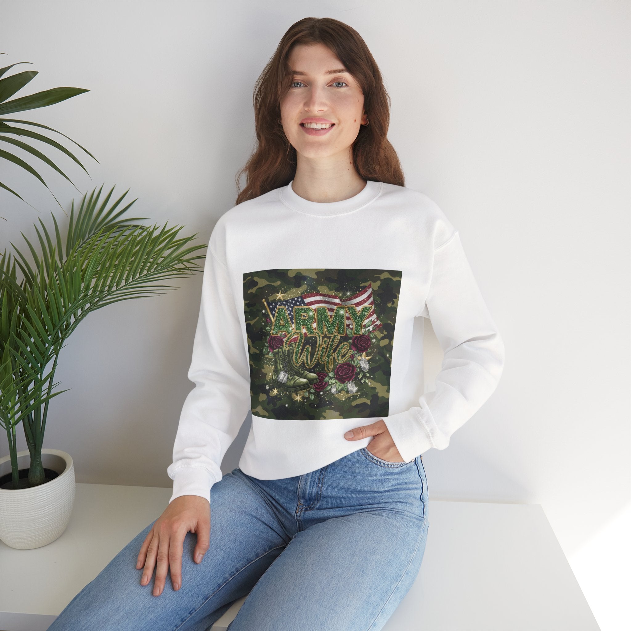 Army Wife Camo Sweatshirt - American Flag Floral Military Crewneck