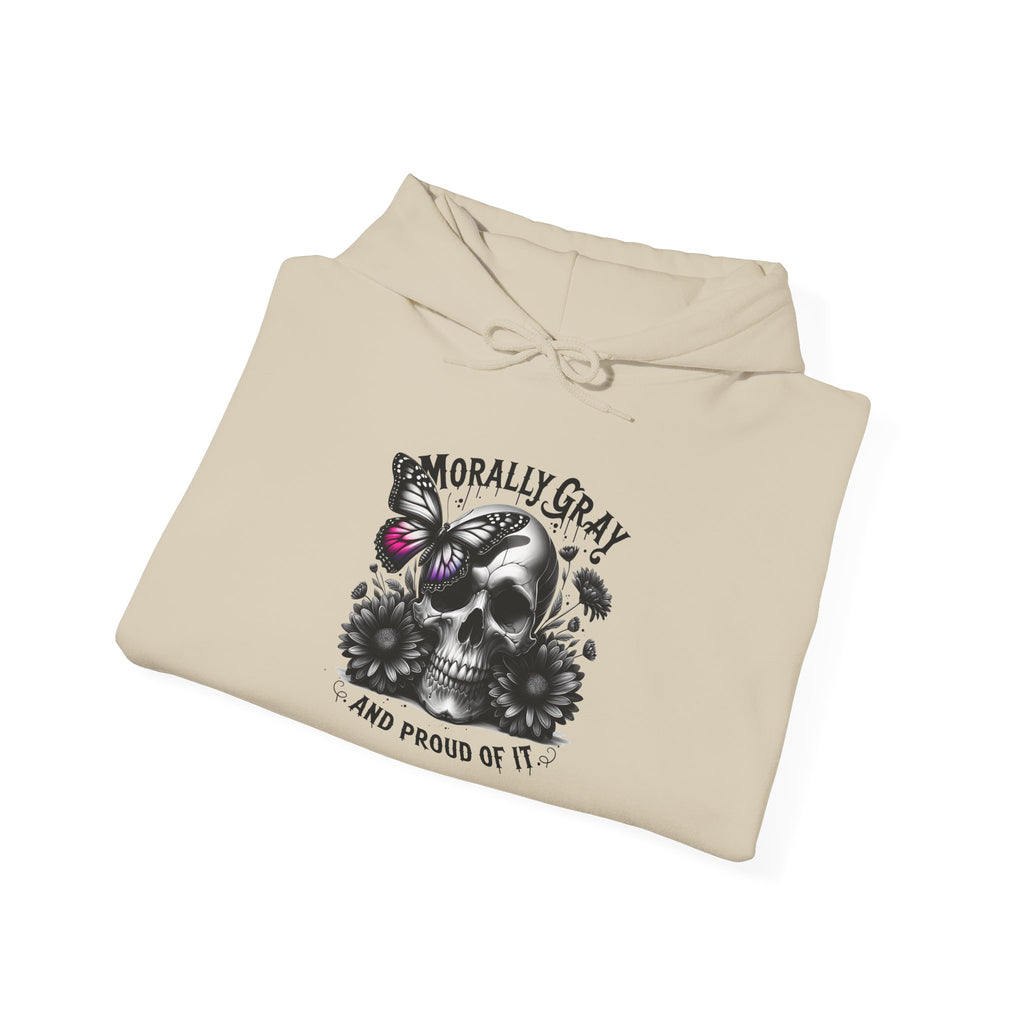 Hoodie — "Morally Gray and Proud of It" Skull & Butterfly Graphic