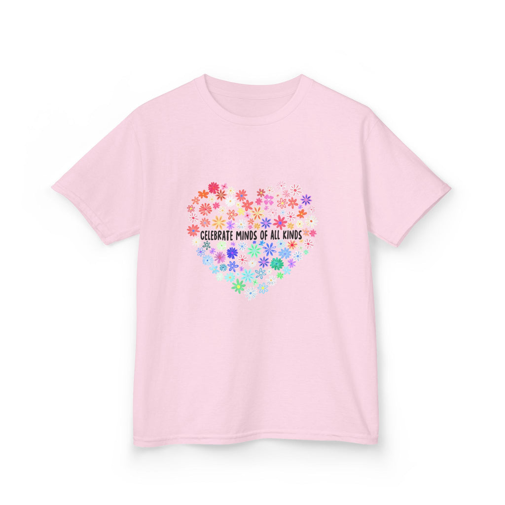 Kids T-Shirt — "Celebrate Minds of All Kinds" Rainbow Flower Heart