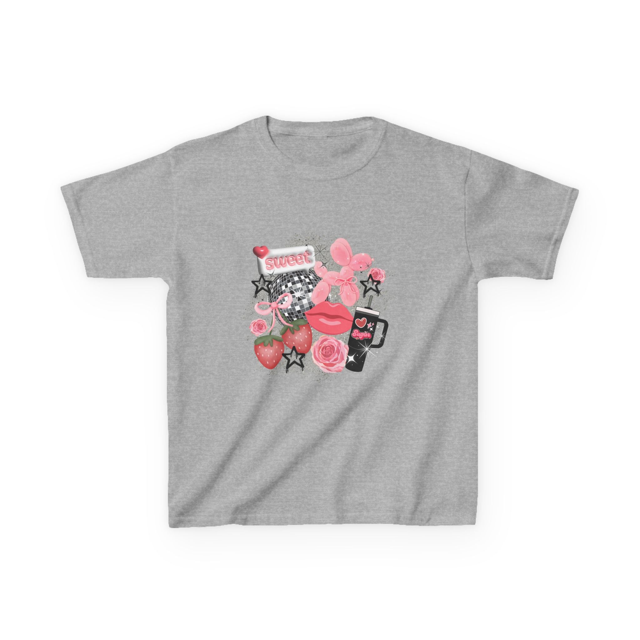 Kids Tee — Pink Floral Sticker Collage (Strawberries, Lips & Gadgets)