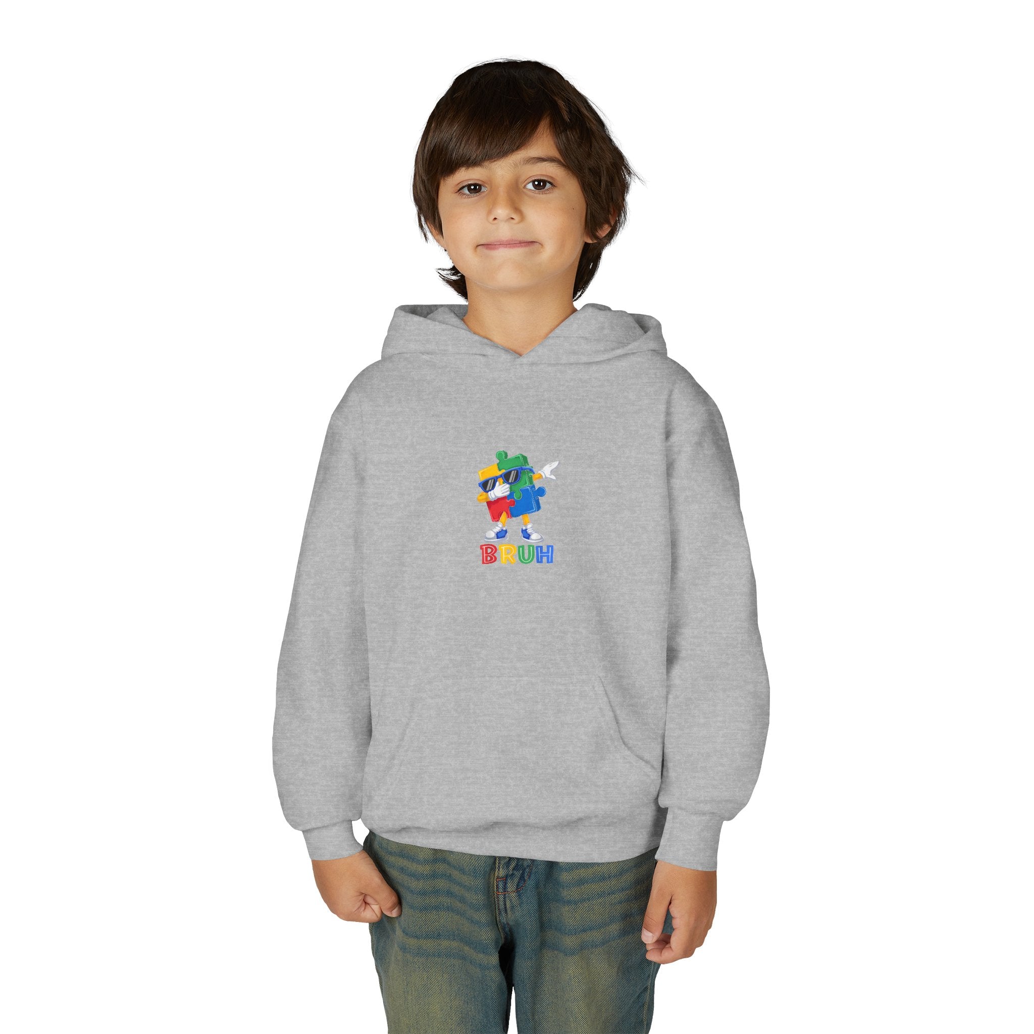Youth Hoodie — Colorful Pixel Character 'BRUH' Graphic