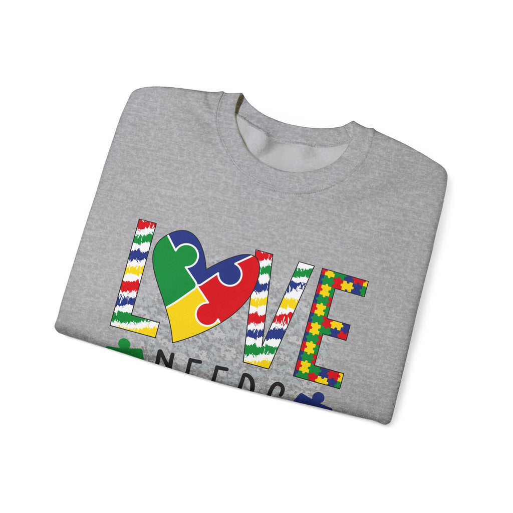 Autism Awareness Crewneck Sweatshirt — "Love Needs No Words" Puzzle Heart Design
