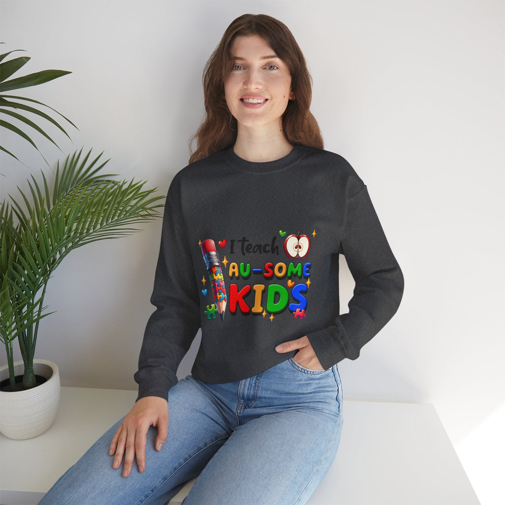 Teacher Crewneck Sweatshirt — “I Teach Au-some Kids” Colorful Autism Awareness Design