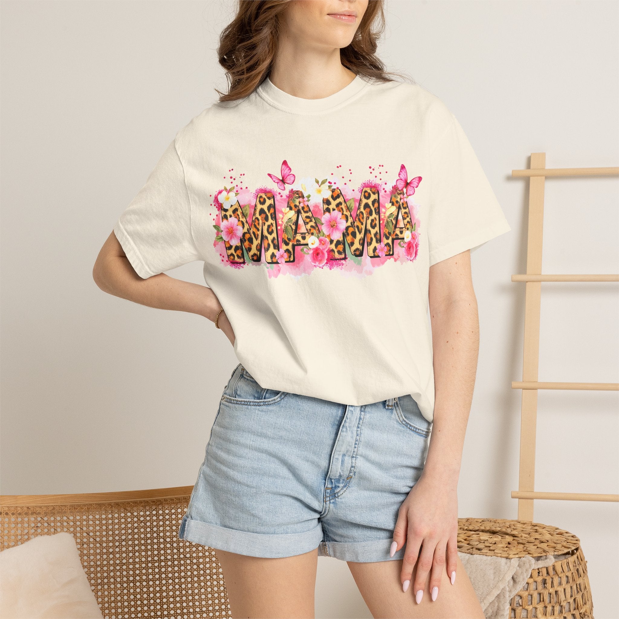 Mama Floral Leopard Graphic Tee — 'MAMA' Pink Butterfly Mother's Day T‑Shirt