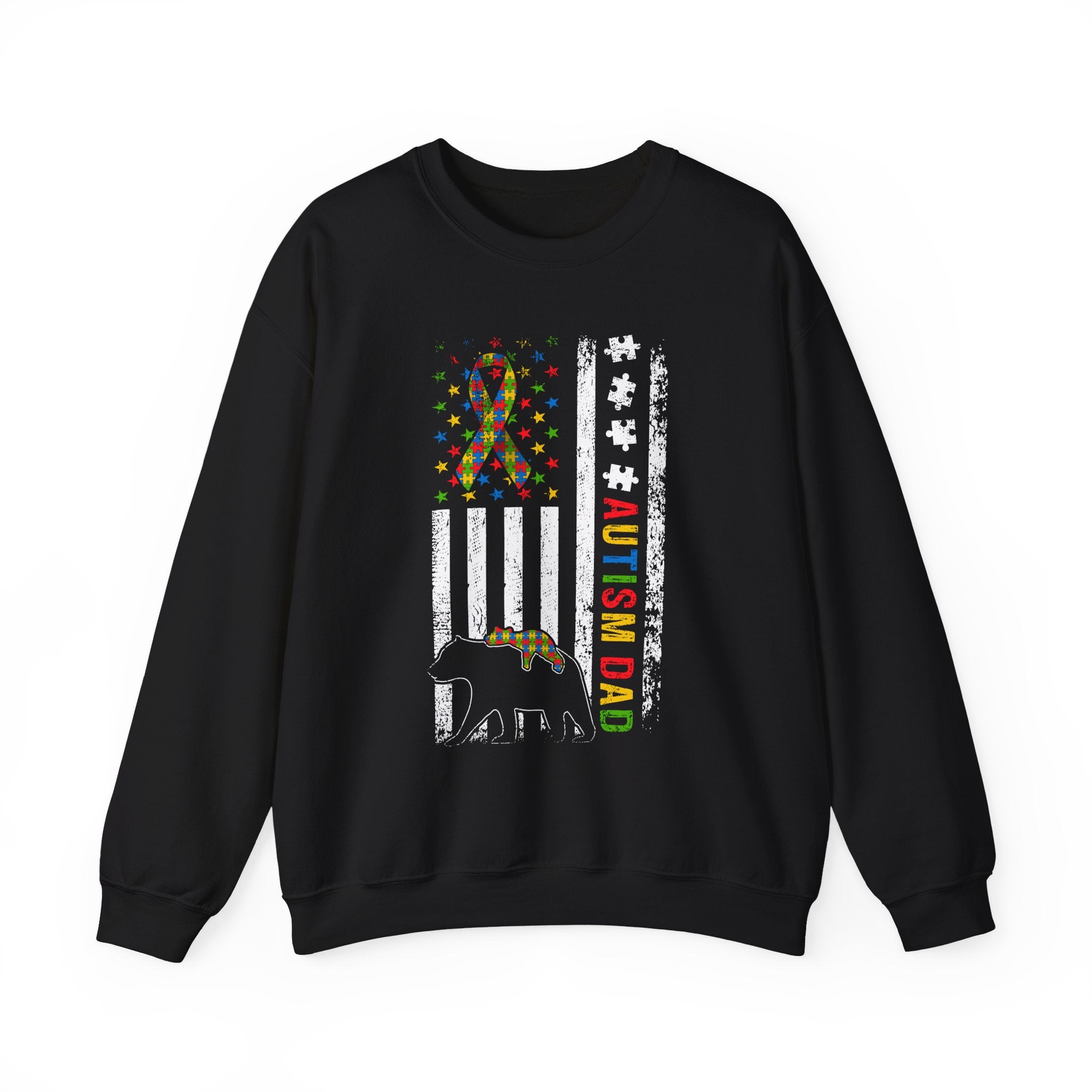 Autism Dad Crewneck Sweatshirt — American Flag Puzzle Ribbon Elephant Design