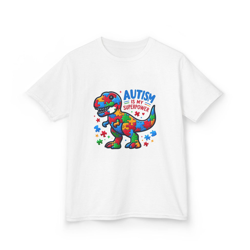 Kids T-Shirt — 'Autism is My Superpower' Puzzle Dinosaur Tee