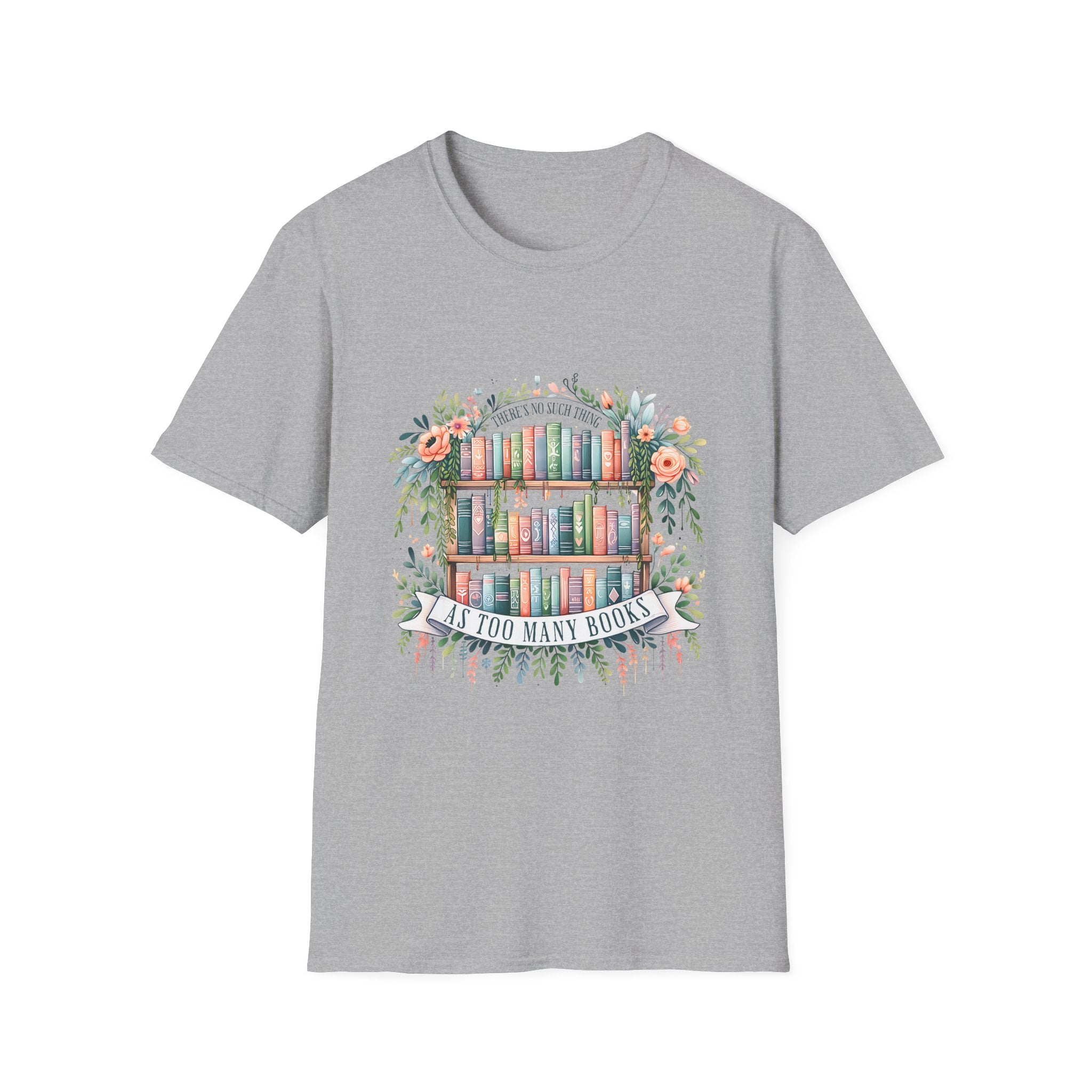 Booklover T-Shirt — Floral Bookshelf "Too Many Books" Graphic Tee