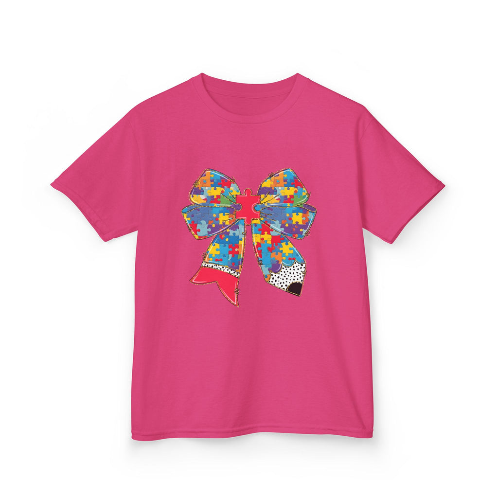 Autism Awareness Puzzle Bow Kids T‑Shirt – Autism Acceptance Gift