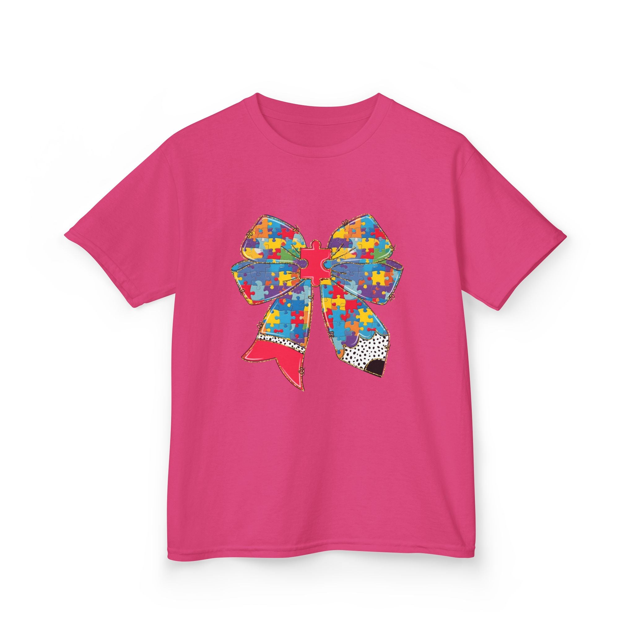 Autism Awareness Puzzle Bow Kids T‑Shirt – Autism Acceptance Gift