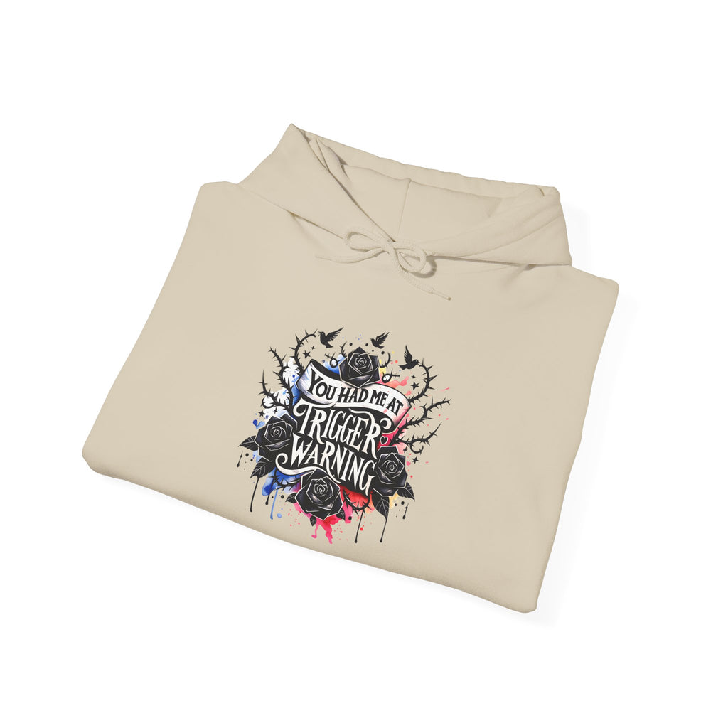 Trigger Warning Graphic Hoodie — Edgy Drip Paint Design