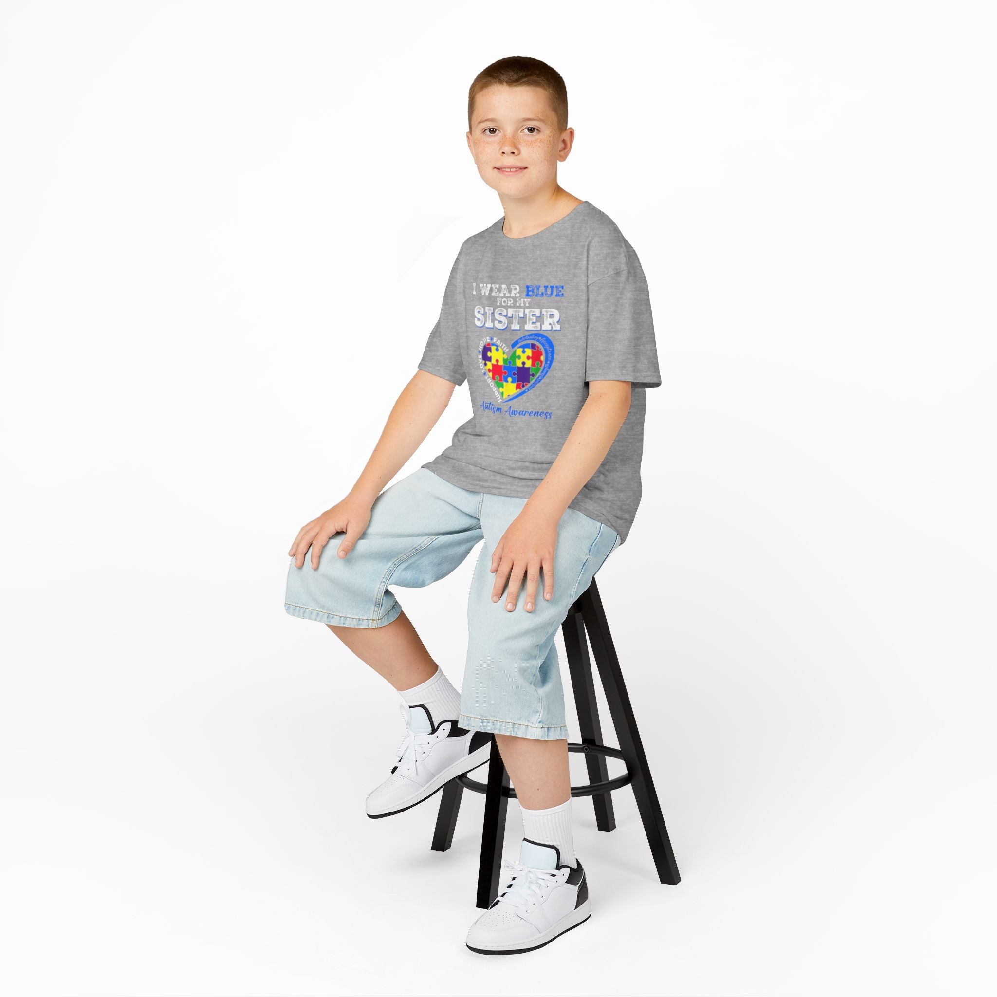 Autism Awareness Kids Tee — "I Wear Blue For My Sister" Puzzle Heart