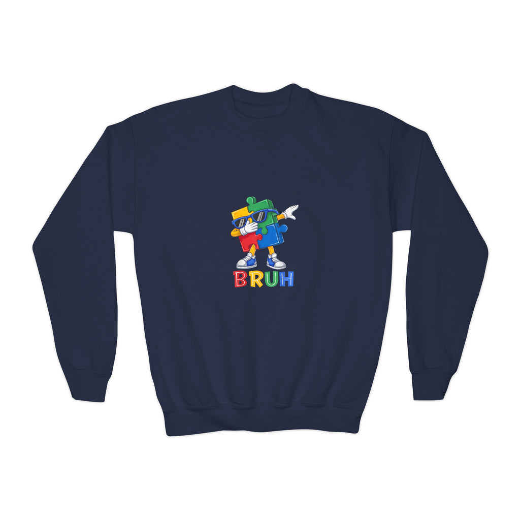 Youth Crewneck Sweatshirt — Colorful Cartoon Puzzle 'BRUH' Graphic