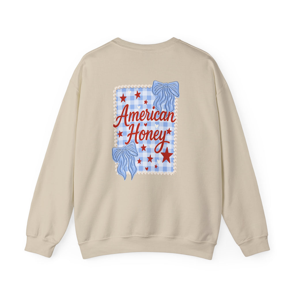 Double-sided American Honey Crewneck Sweatshirt — Patriotic Blue Ribbon Stars Pullover