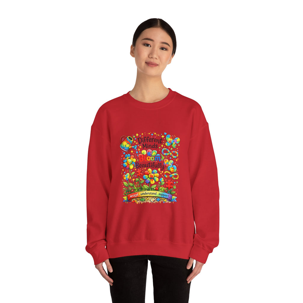 Autism Awareness Crewneck Sweatshirt — “Different Minds Bloom Beautifully” Colorful Puzzle Flower Design
