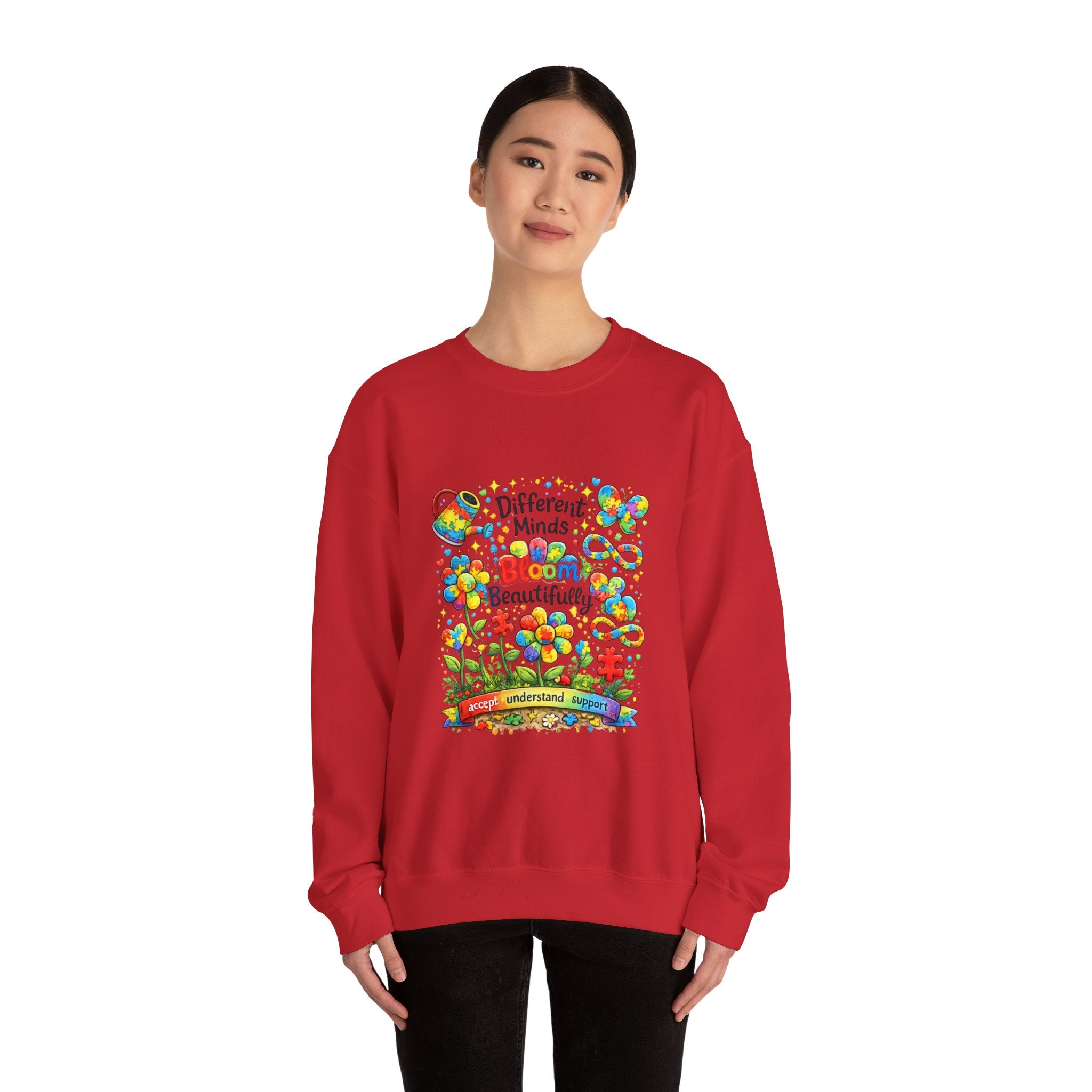 Autism Awareness Crewneck Sweatshirt — “Different Minds Bloom Beautifully” Colorful Puzzle Flower Design