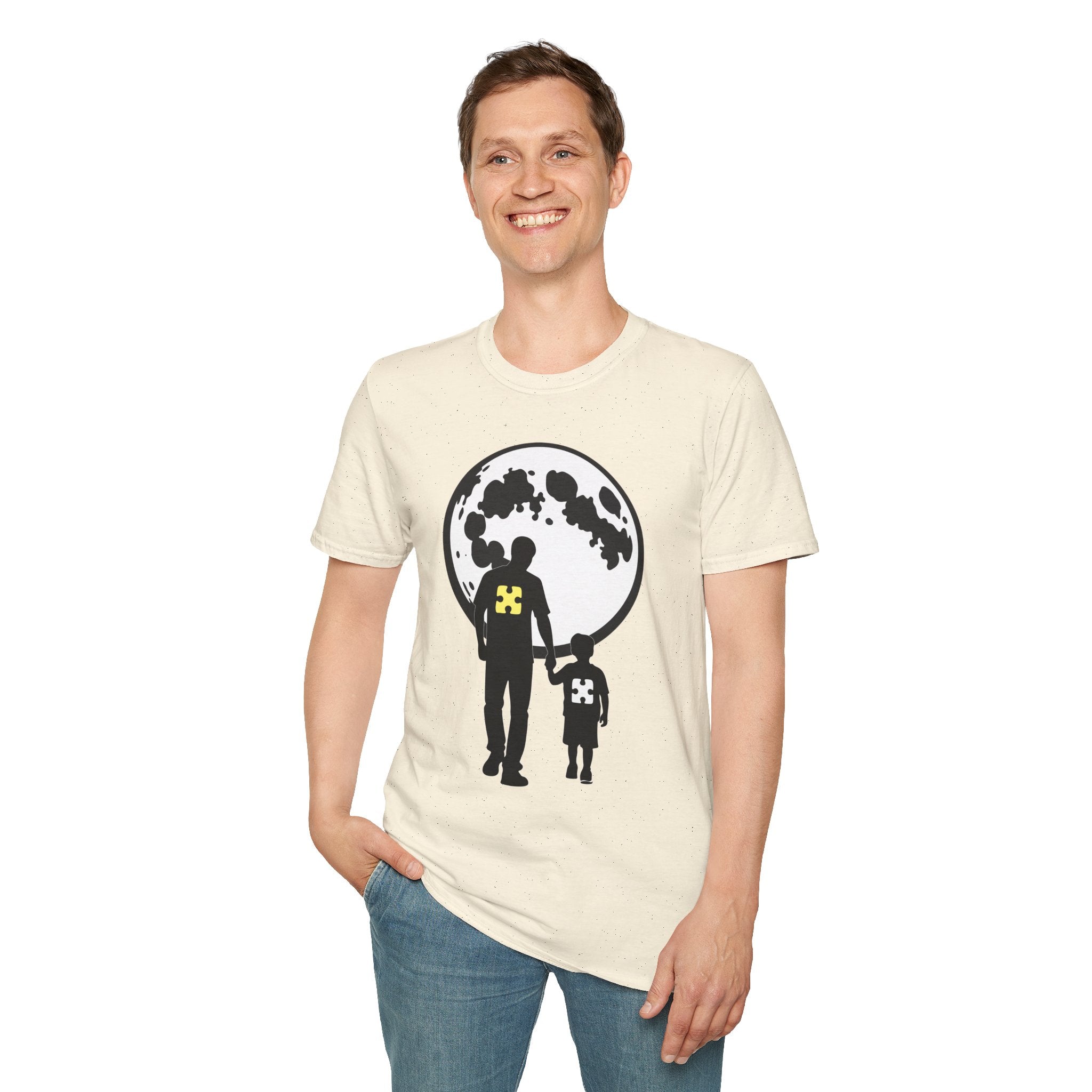 Moonwalk Father & Son T‑Shirt — Silhouette with Moon & Yellow Patch
