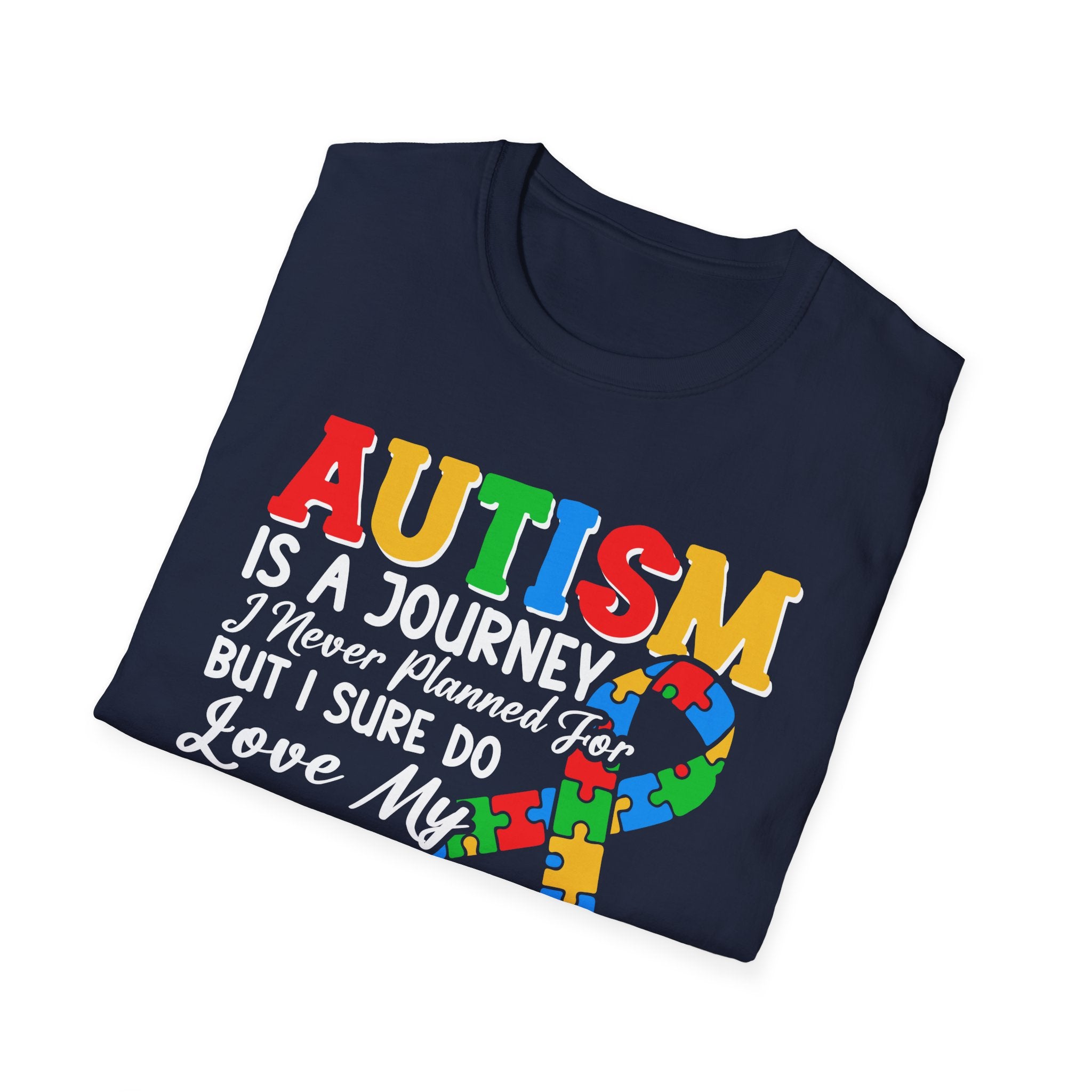 Autism Mom T-Shirt – “Autism Is a Journey…I Love My Tour Guide” Puzzle Ribbon Tee