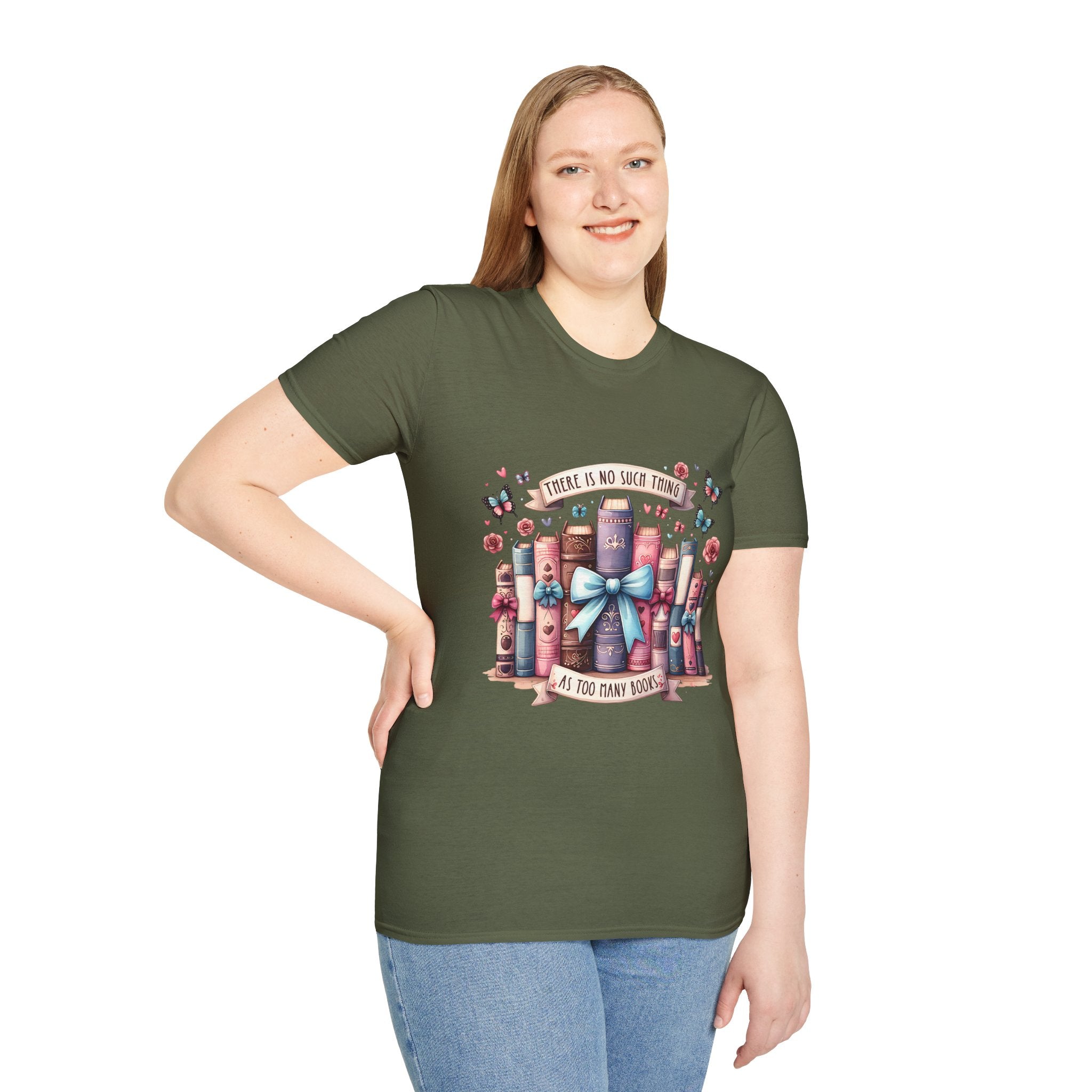 Book Lover T-Shirt — "There Is No Such Thing As Too Many Books" Illustrated Stack Design