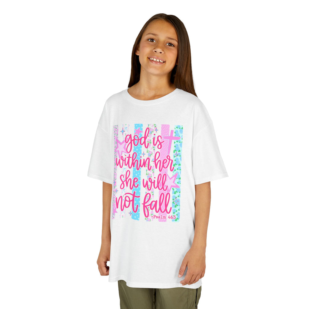 Kids Tee — "God is Within Her She Will Not Fall" Inspirational Girls T‑Shirt (Pink & Pastel)