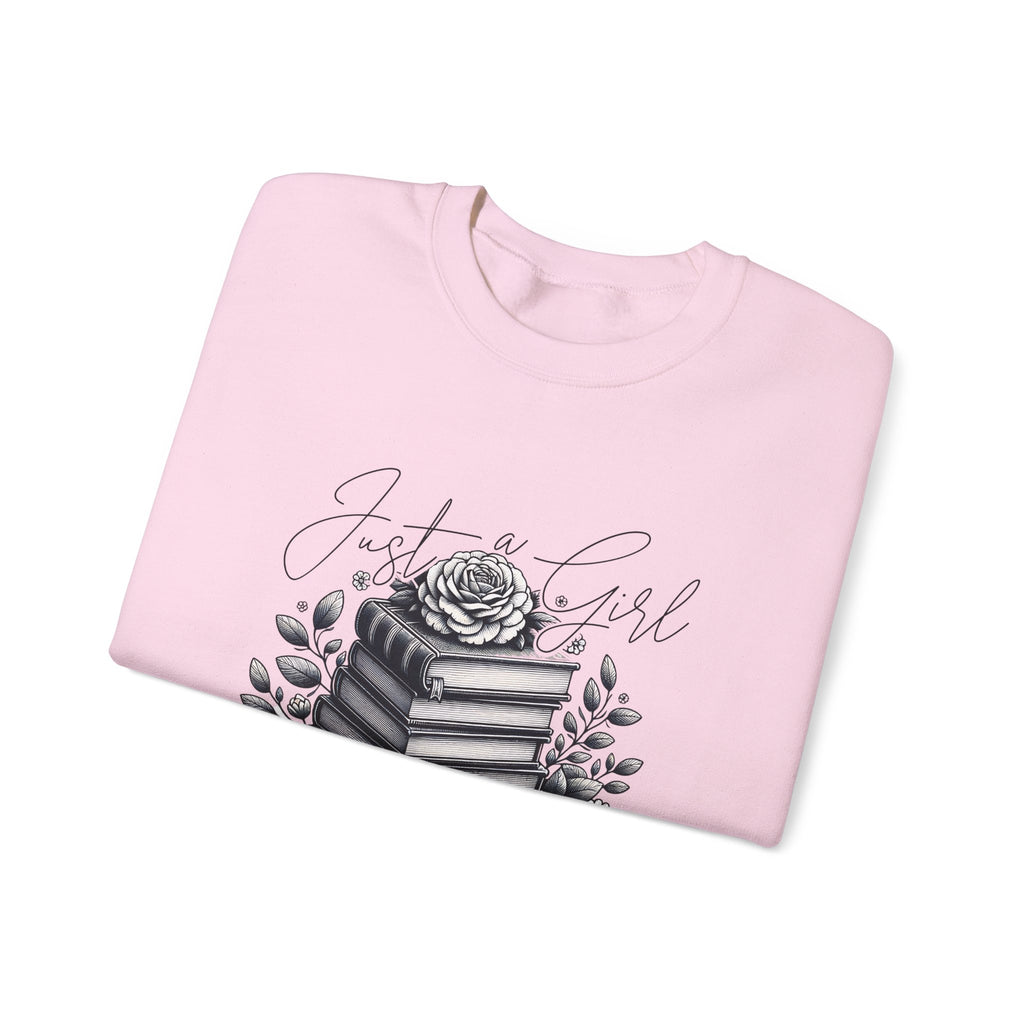 Book Lover Crewneck Sweatshirt — "Just a Girl Who Loves Books" Floral Stack Design