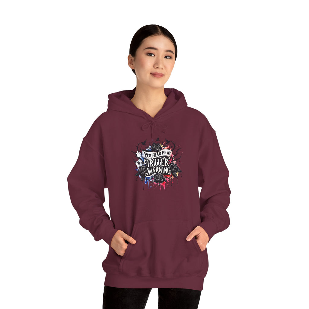 Trigger Warning Graphic Hoodie — Edgy Drip Paint Design