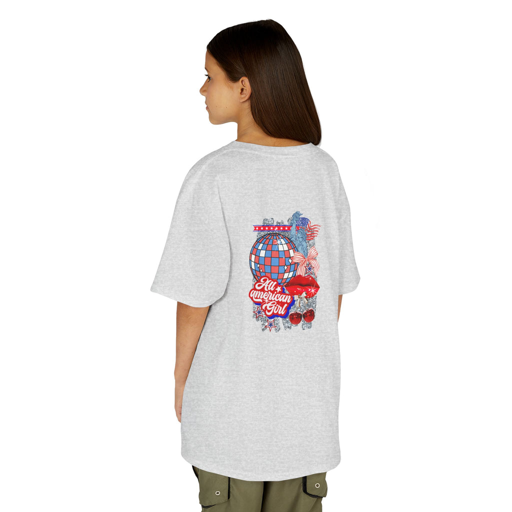 Kids Tee — Patriotic Cherry Graphic "All American Girl" — 4th of July Summer Shirt