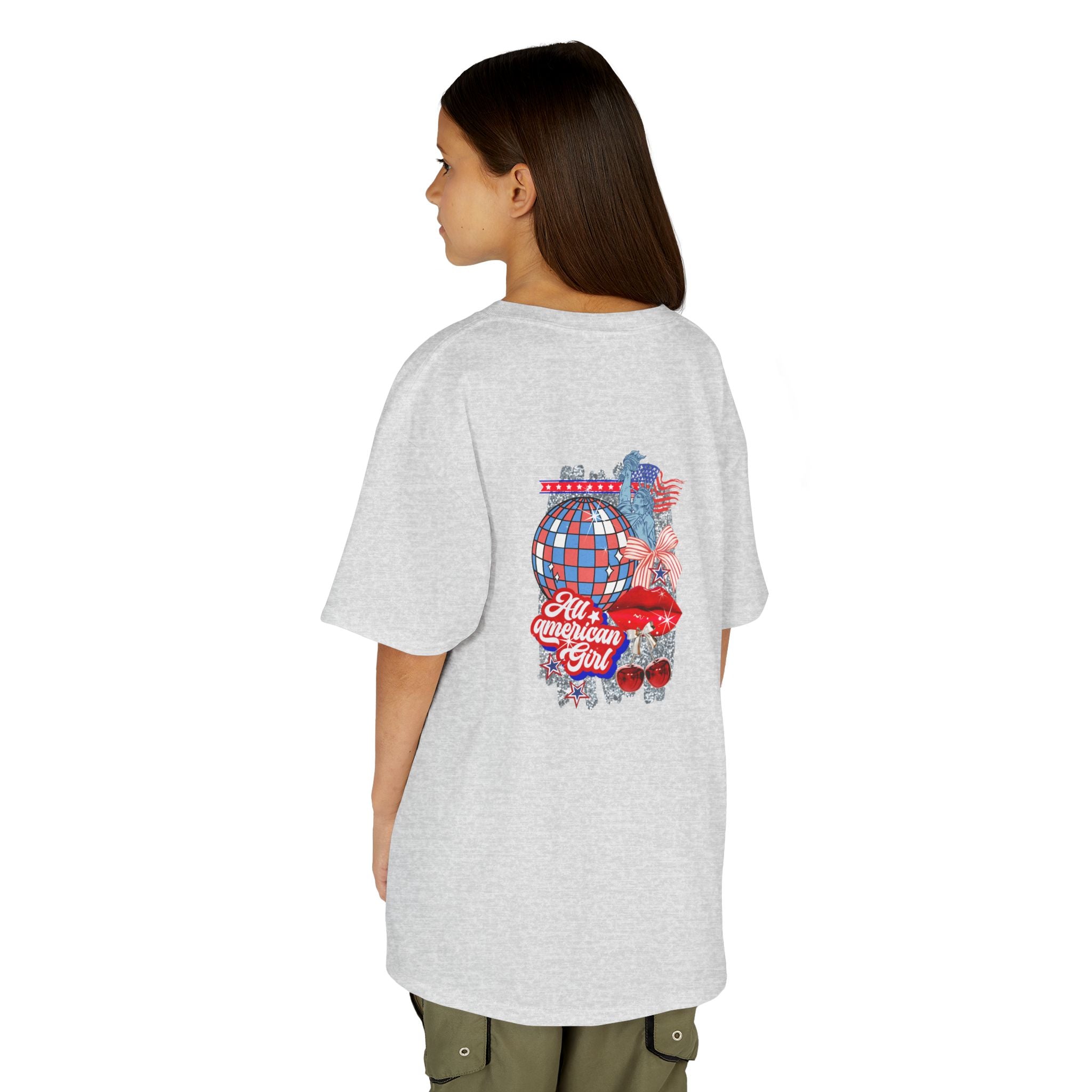 Kids Tee — Patriotic Cherry Graphic "All American Girl" — 4th of July Summer Shirt