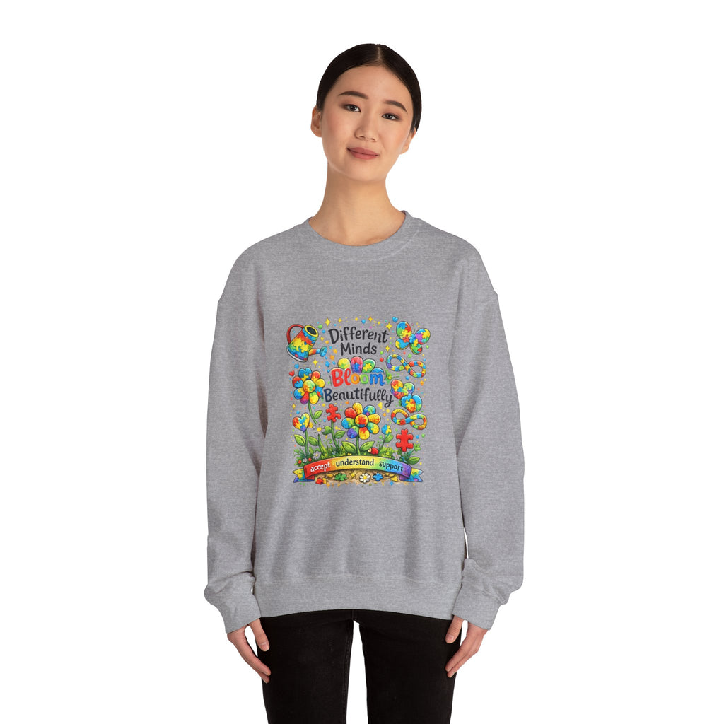 Autism Awareness Crewneck Sweatshirt — “Different Minds Bloom Beautifully” Colorful Puzzle Flower Design
