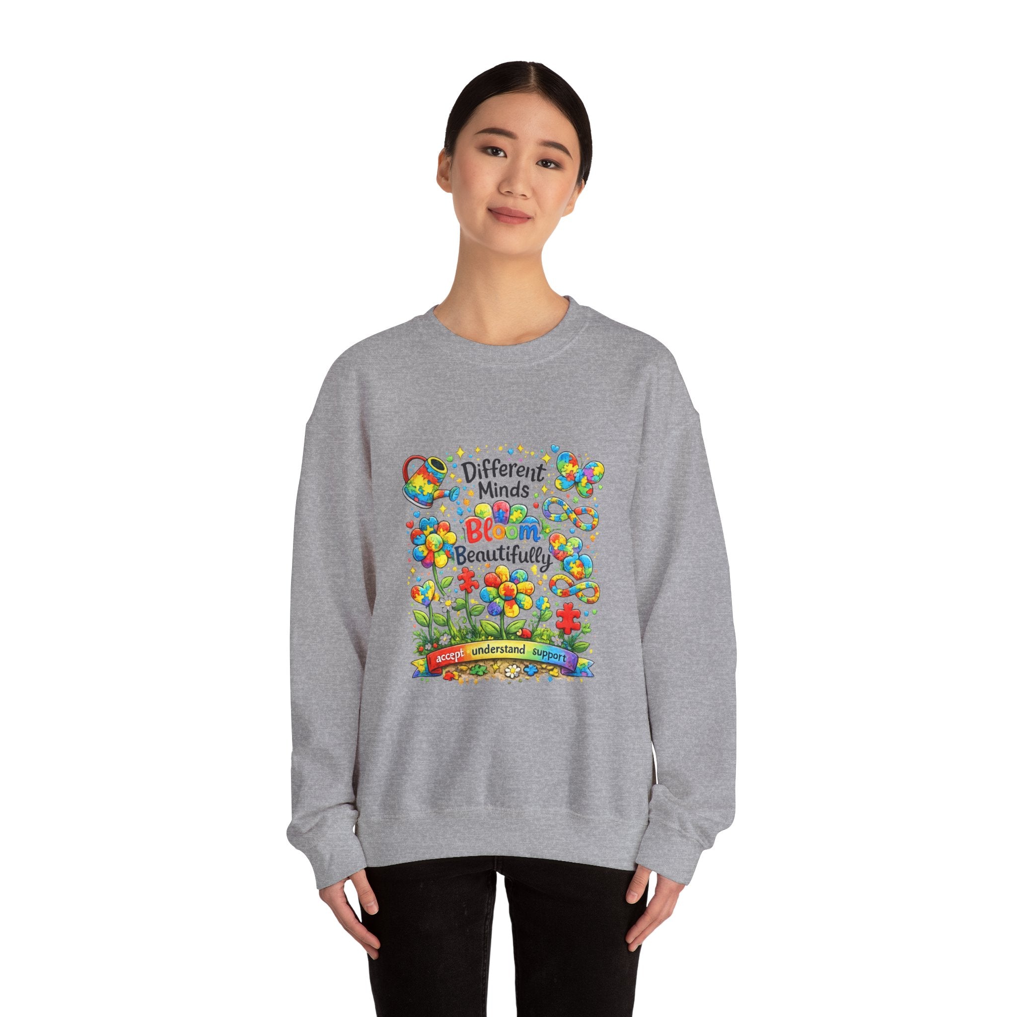Autism Awareness Crewneck Sweatshirt — “Different Minds Bloom Beautifully” Colorful Puzzle Flower Design